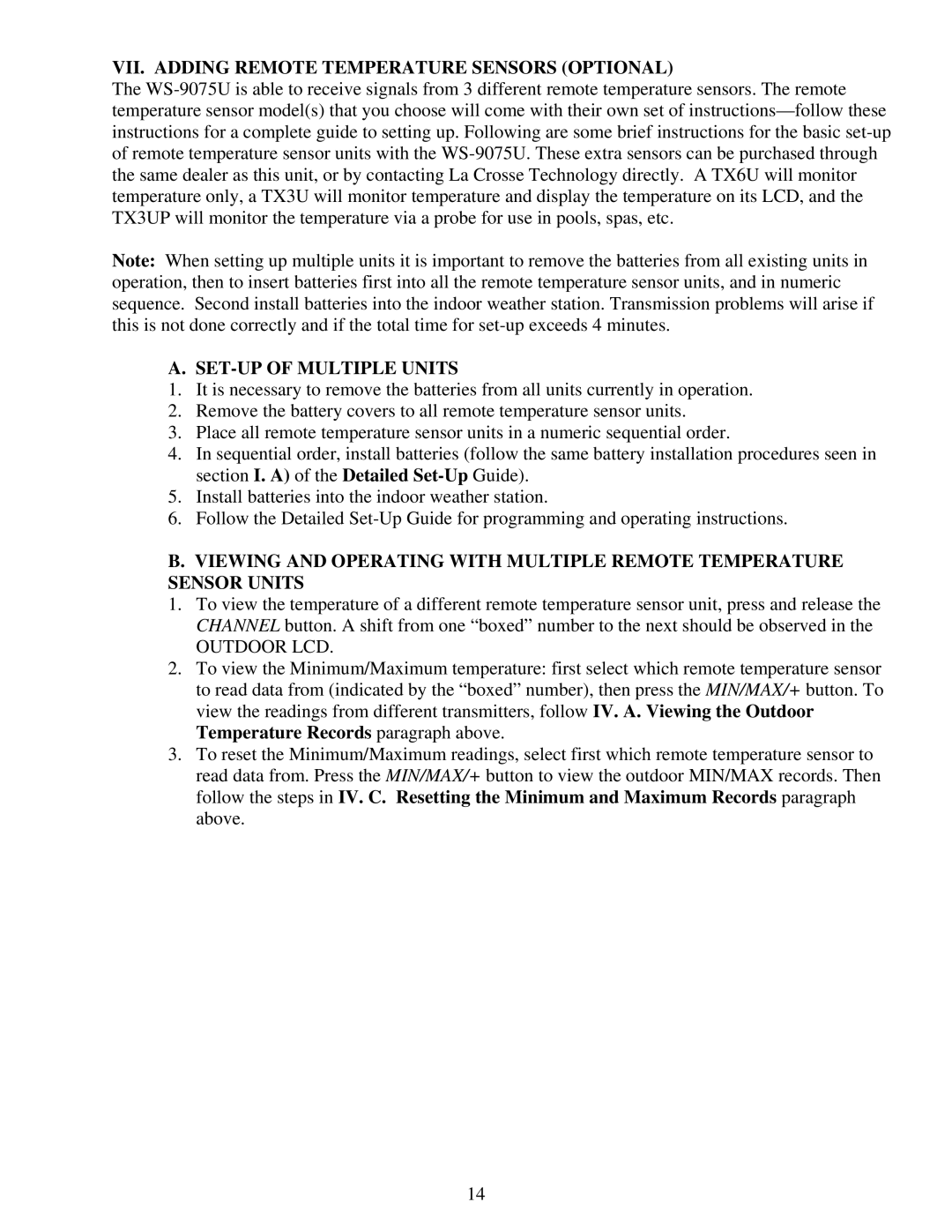 La Crosse Technology WS-9075U VII. Adding Remote Temperature Sensors Optional, SET-UP of Multiple Units, Outdoor LCD 
