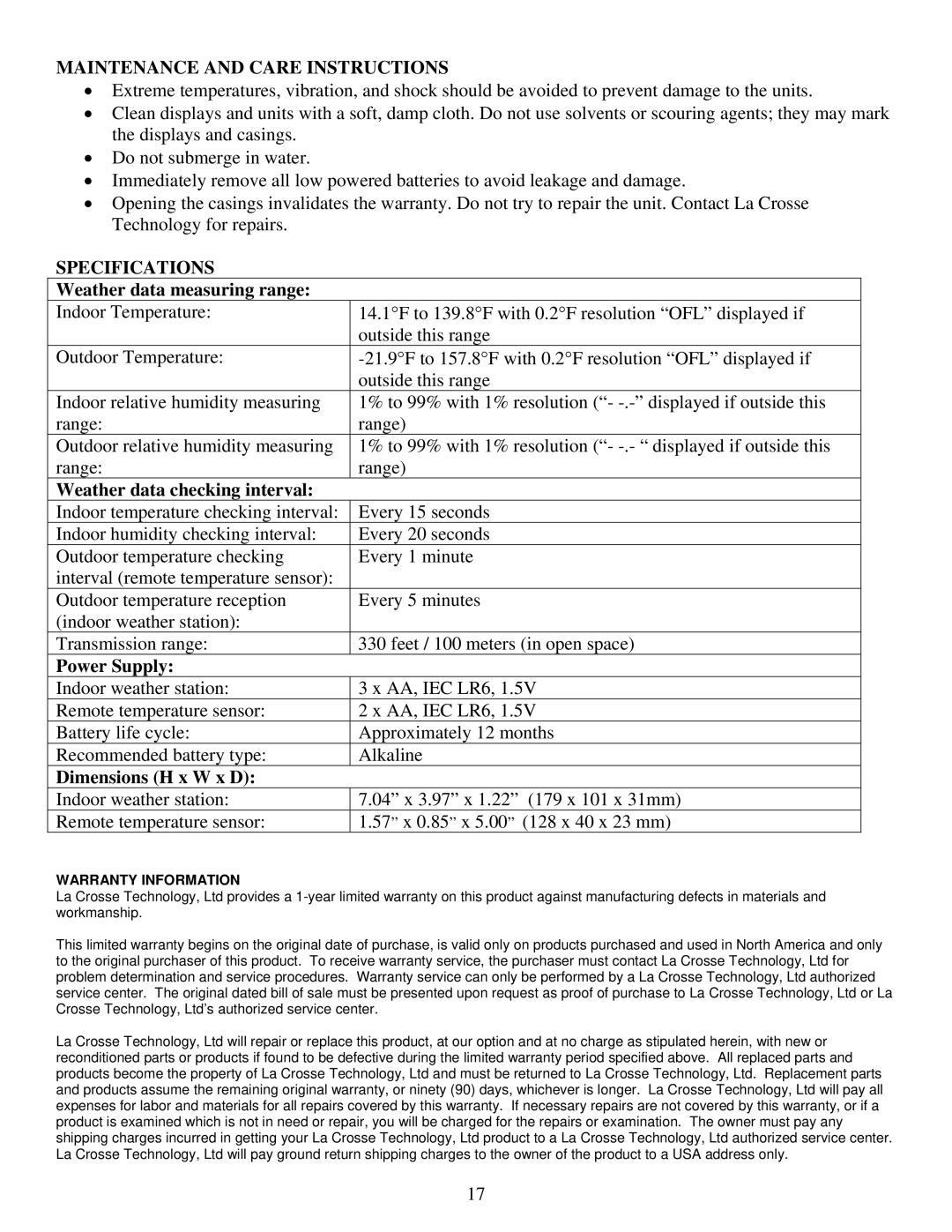 La Crosse Technology WS-9075U instruction manual Maintenance and Care Instructions, Specifications 