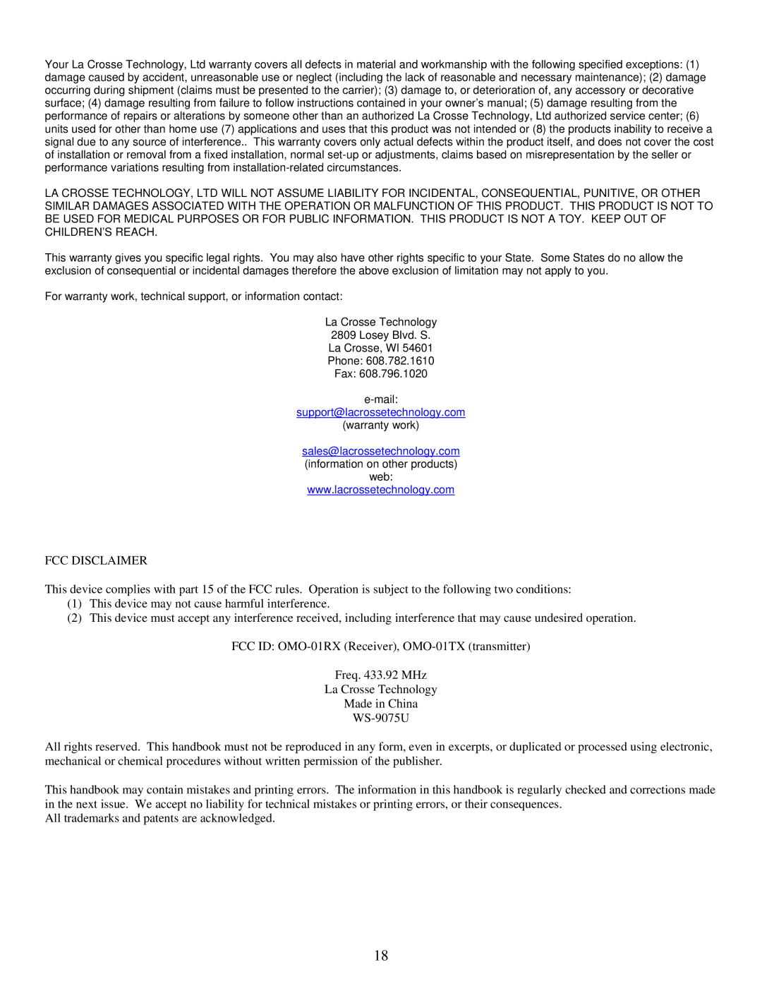 La Crosse Technology WS-9075U instruction manual FCC Disclaimer 