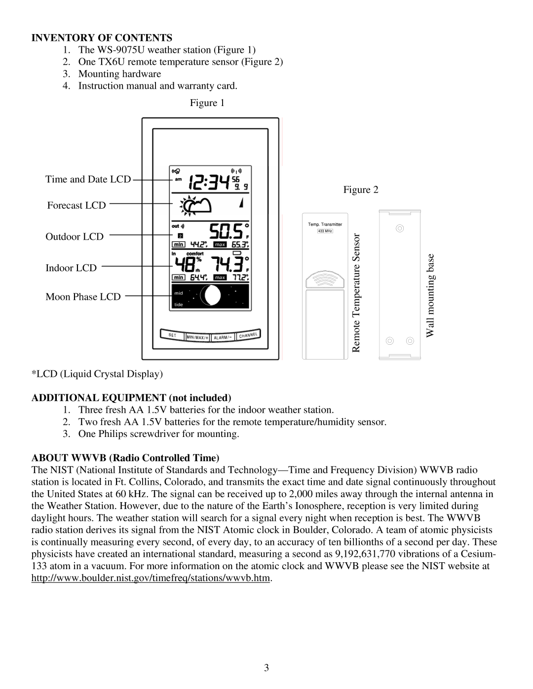 La Crosse Technology WS-9075U instruction manual Inventory of Contents 