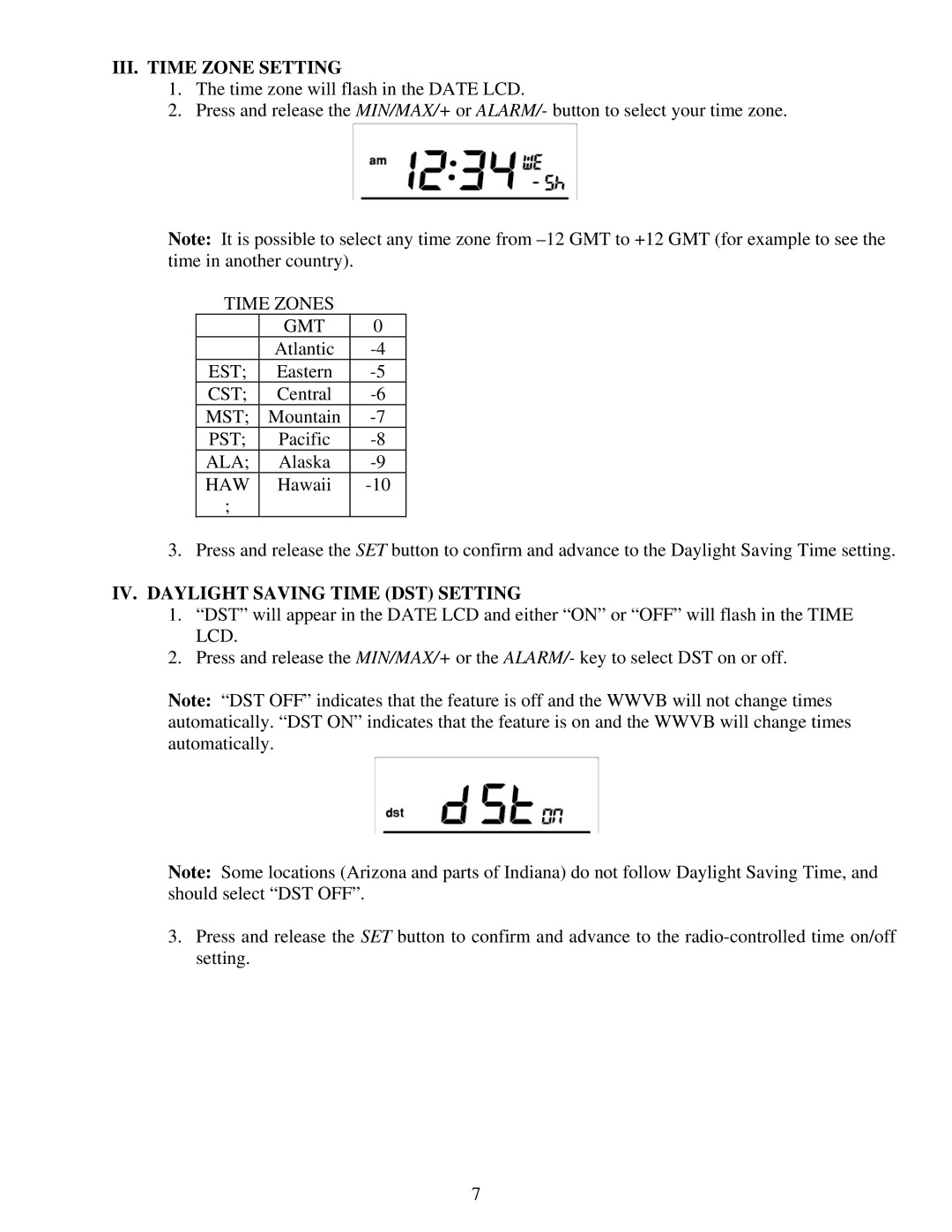 La Crosse Technology WS-9075U instruction manual III. Time Zone Setting, IV. Daylight Saving Time DST Setting 