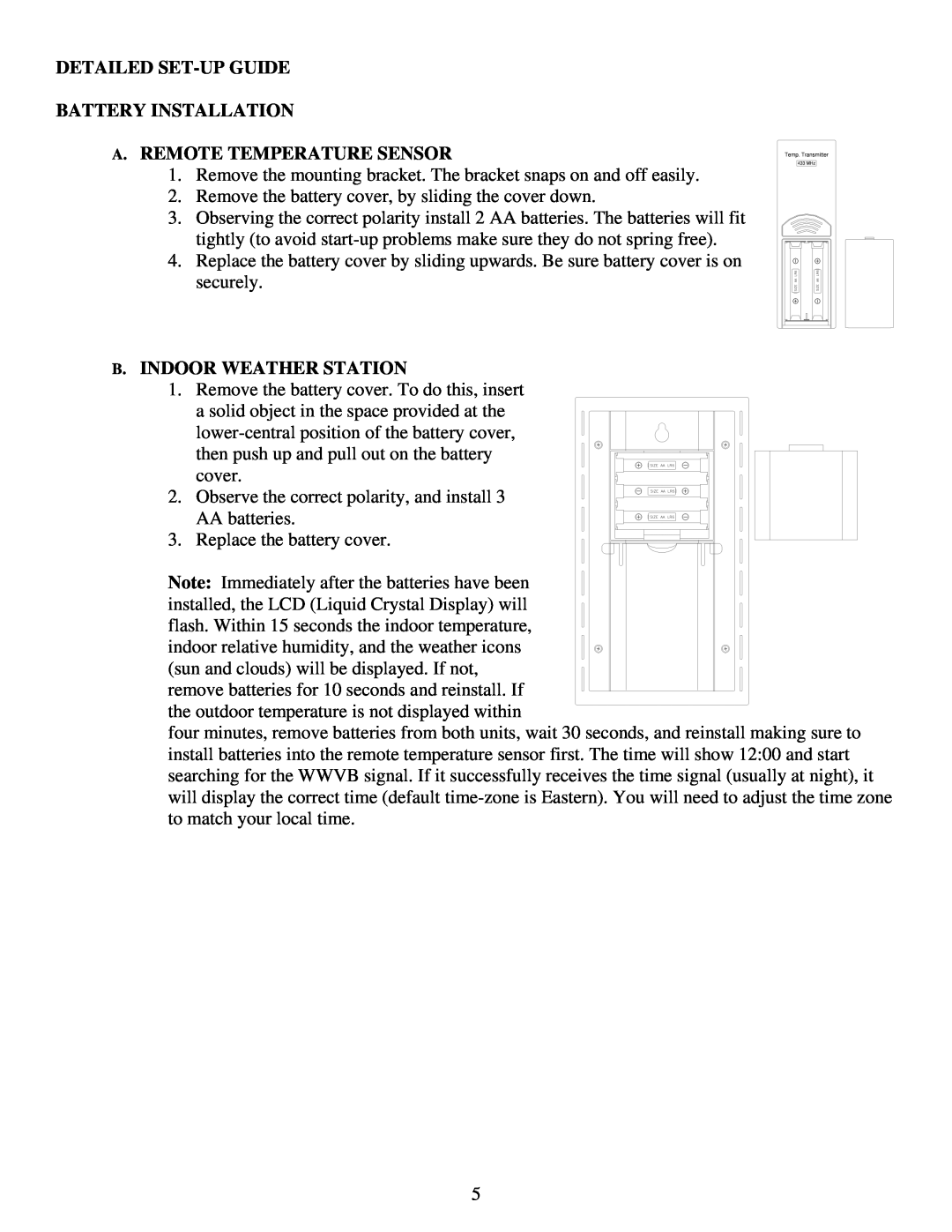 La Crosse Technology WS-9075U instruction manual Detailed Set-Upguide Battery Installation, A. Remote Temperature Sensor 