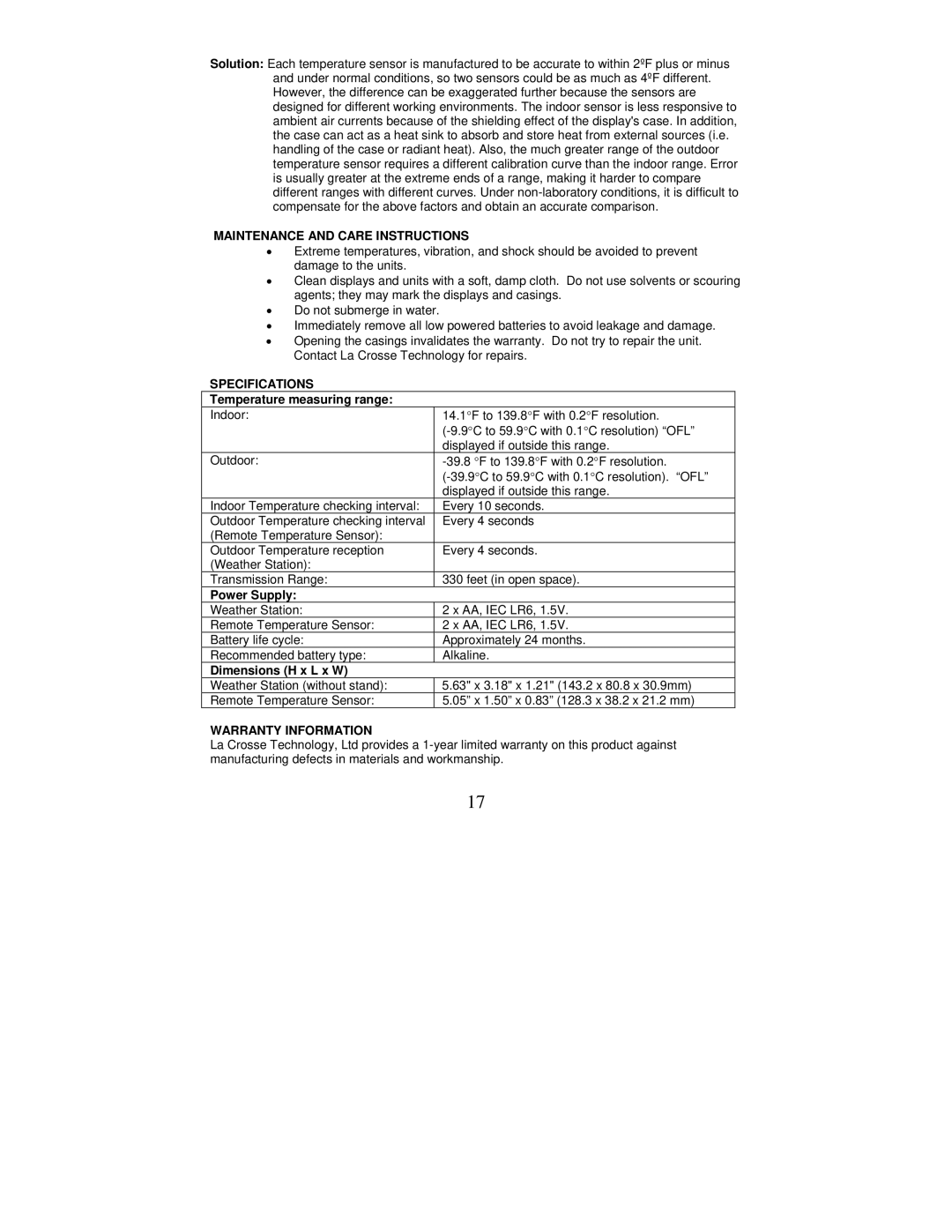 La Crosse Technology WS-9077TWC-IT Maintenance and Care Instructions, Specifications, Warranty Information 