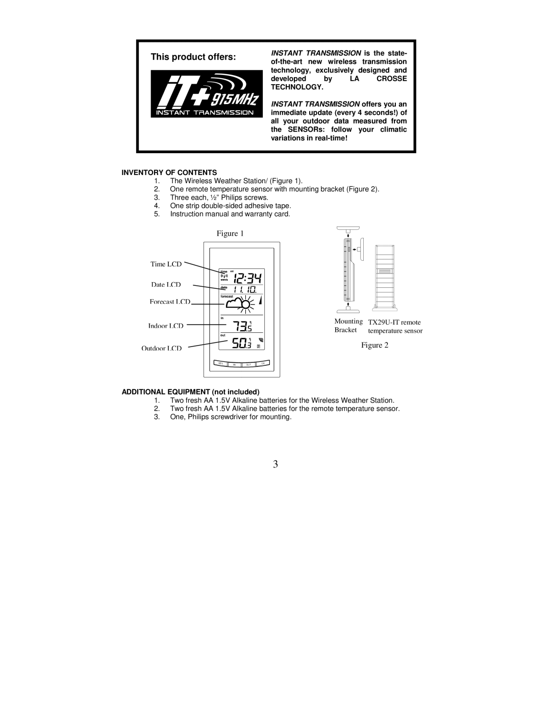 La Crosse Technology WS-9077TWC-IT instruction manual This product offers, Inventory of Contents 