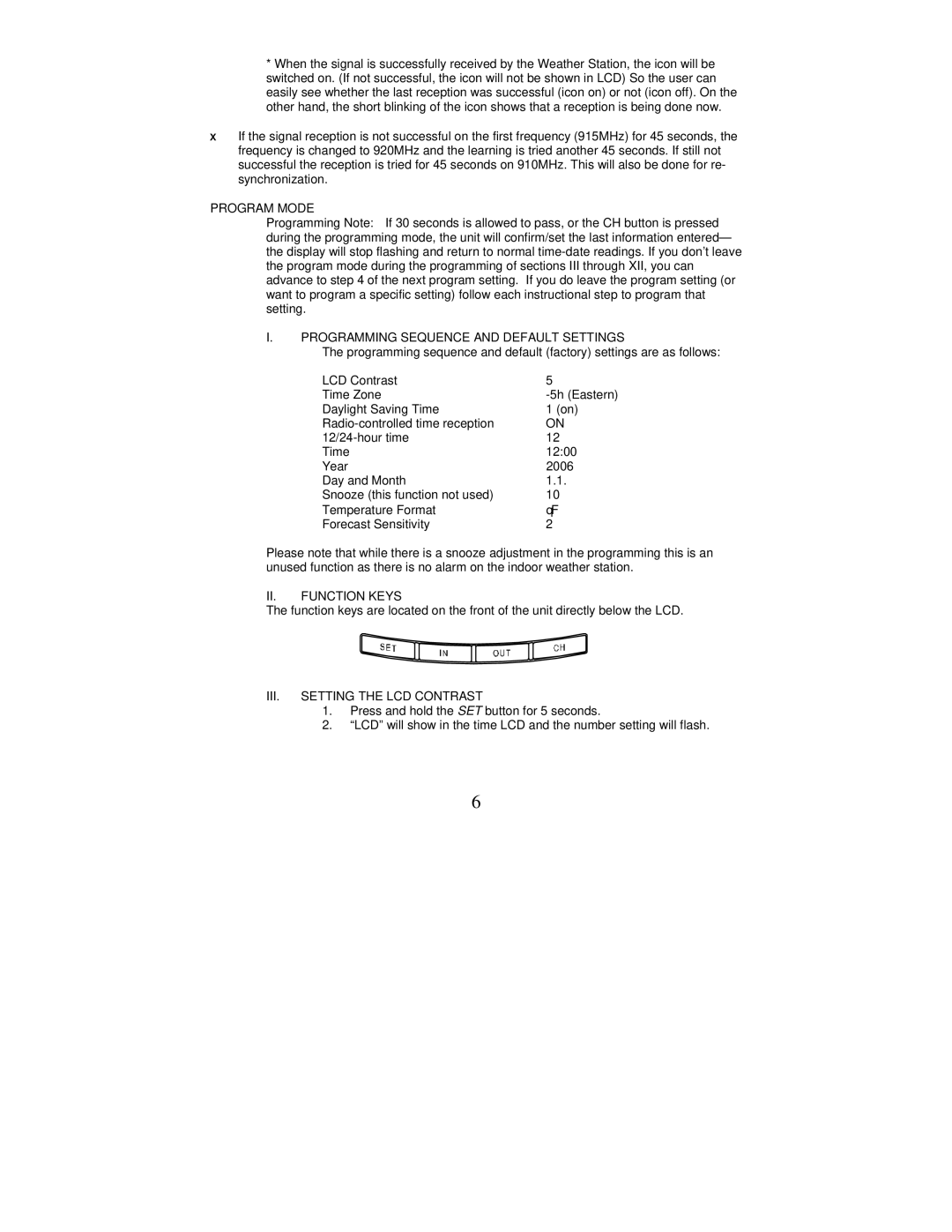 La Crosse Technology WS-9077TWC-IT Program Mode, Programming Sequence and Default Settings, II. Function Keys 