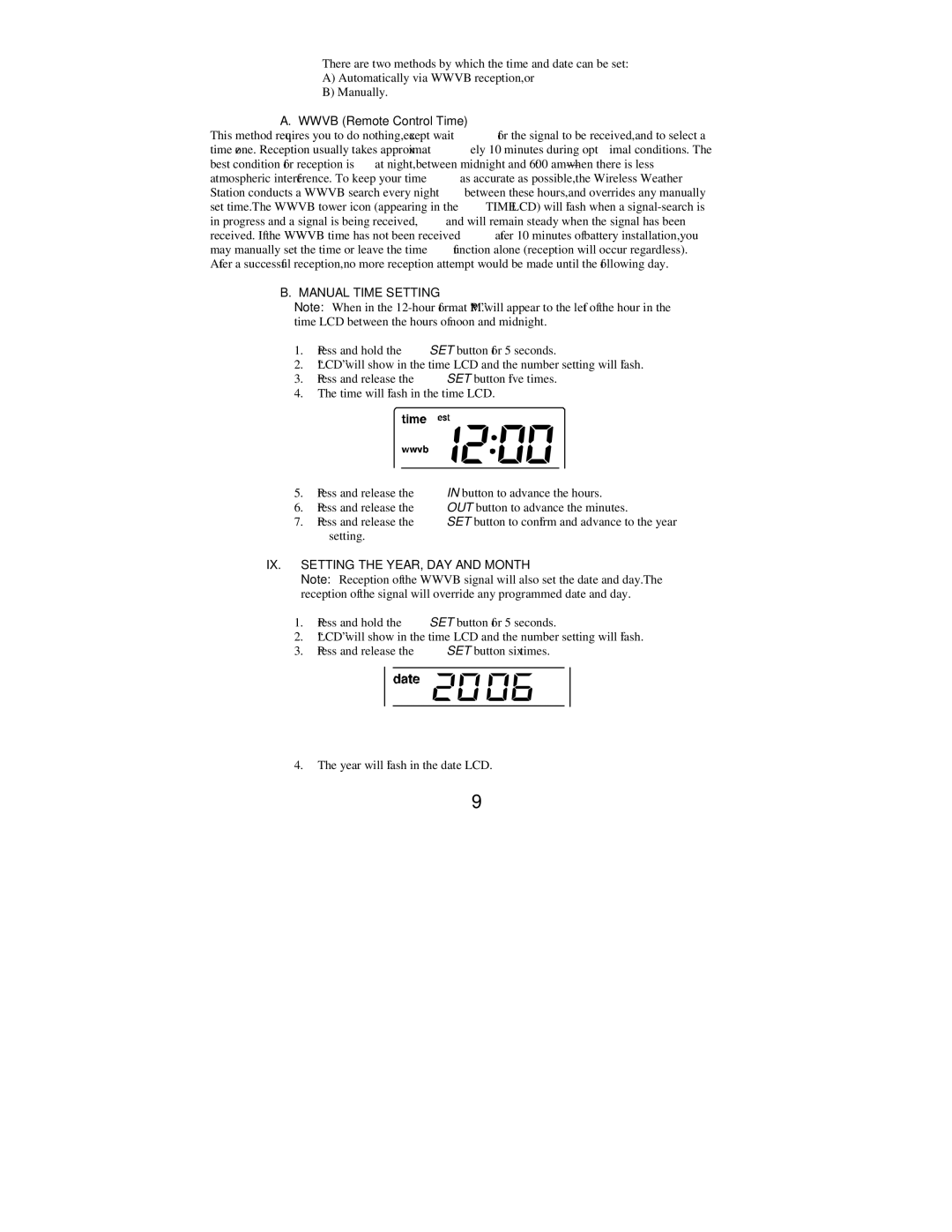 La Crosse Technology WS-9077TWC-IT Wwvb Remote Control Time, Manual Time Setting, IX. Setting the YEAR, DAY and Month 