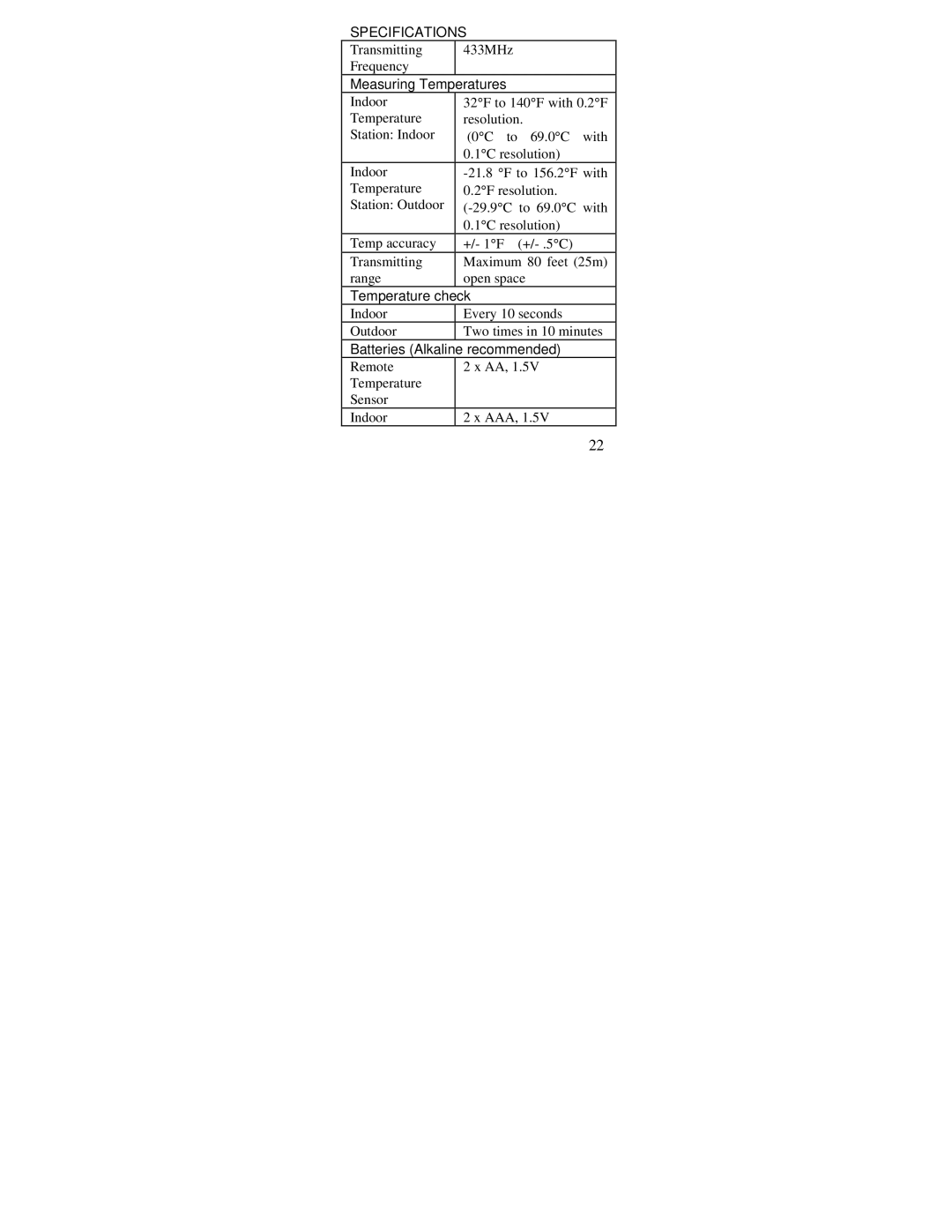 La Crosse Technology WS-9117U instruction manual Specifications, Measuring Temperatures 