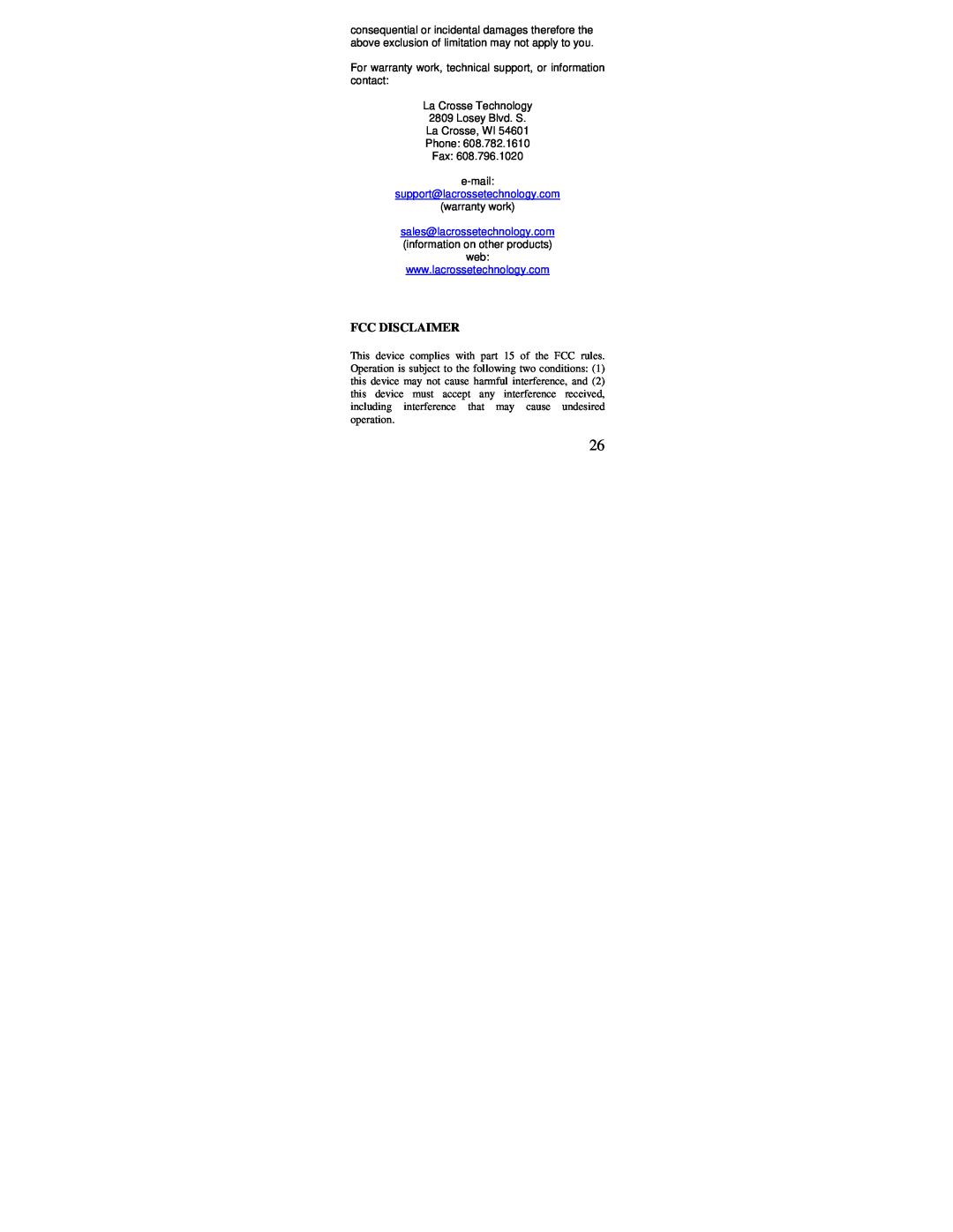 La Crosse Technology WS-9117U instruction manual Fcc Disclaimer, support@lacrossetechnology.com 