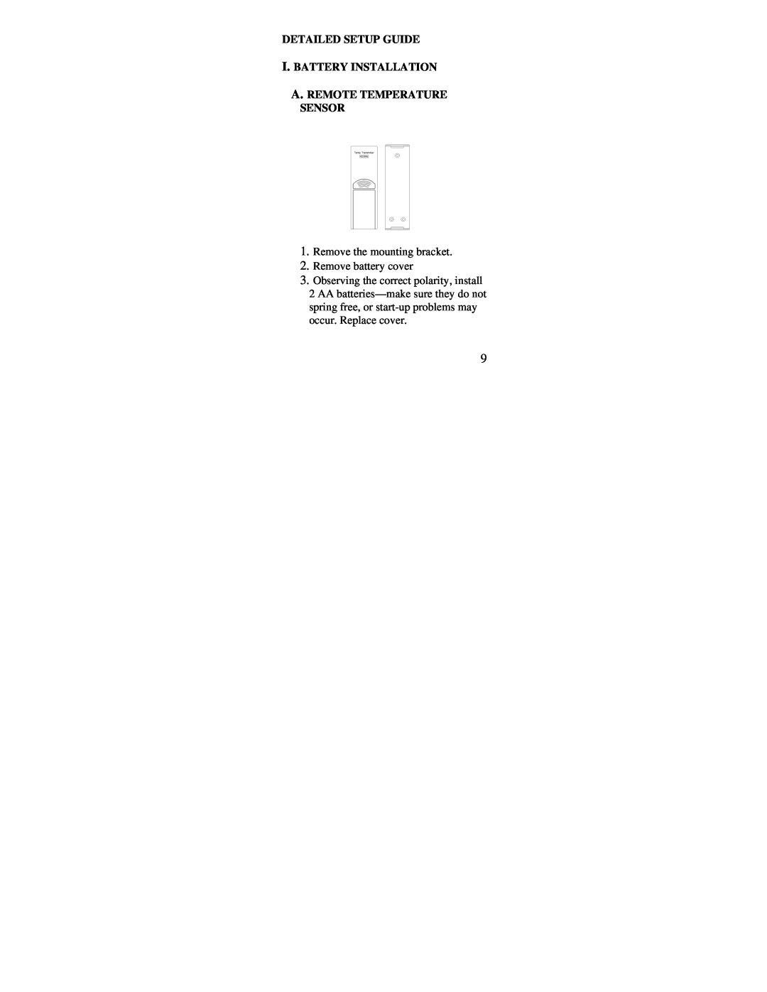 La Crosse Technology WS-9117U instruction manual Detailed Setup Guide I. Battery Installation, A. Remote Temperature Sensor 