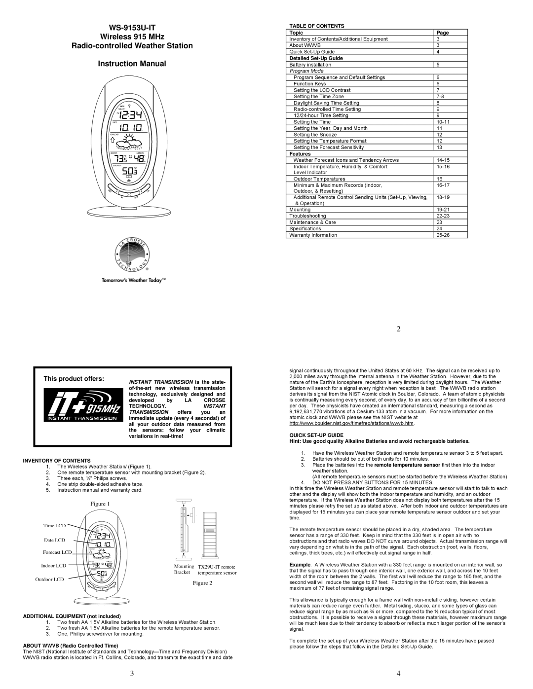 La Crosse Technology WS-9153U-IT instruction manual Table of Contents, Inventory of Contents, Quick SET-UP Guide 