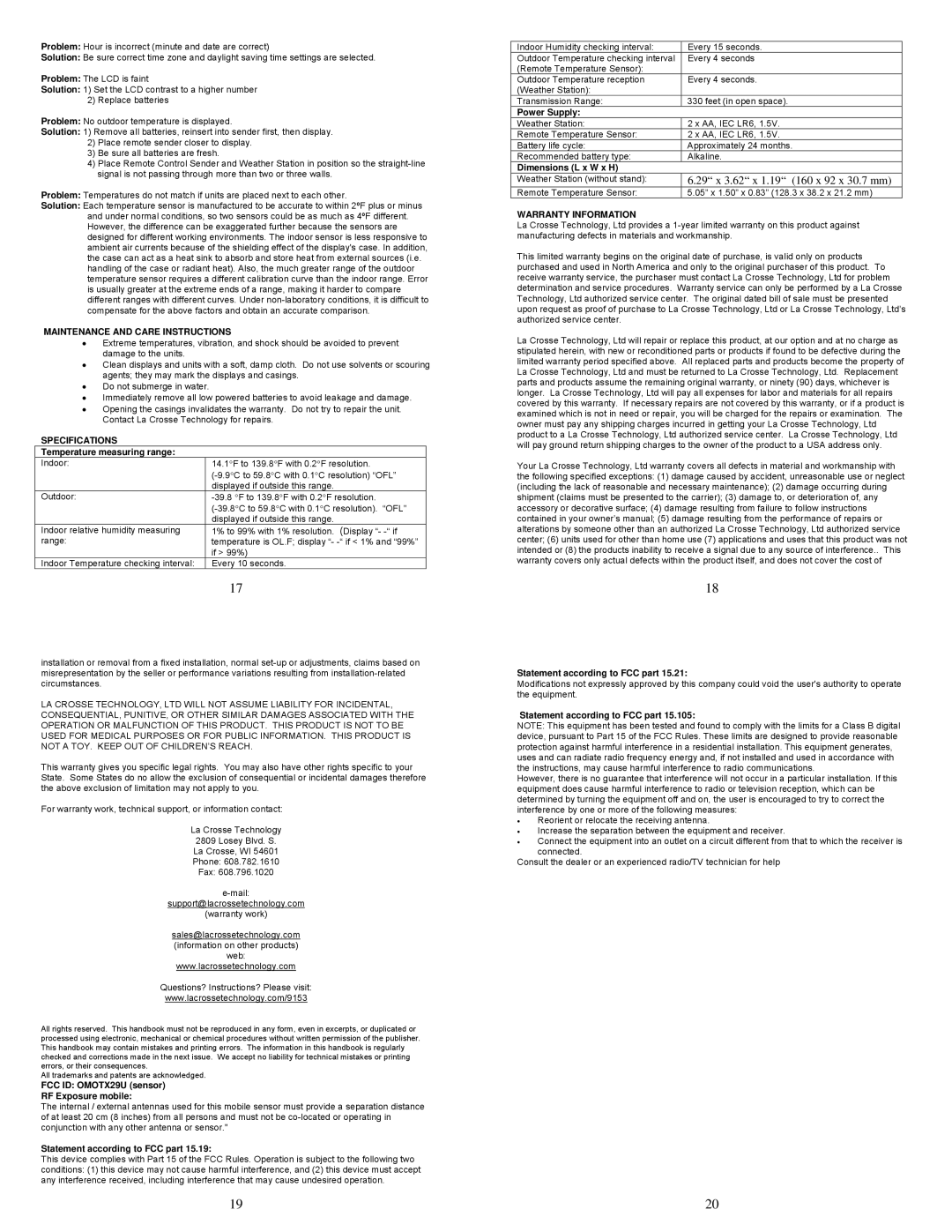 La Crosse Technology WS-9153U-IT instruction manual Maintenance and Care Instructions, Specifications, Warranty Information 