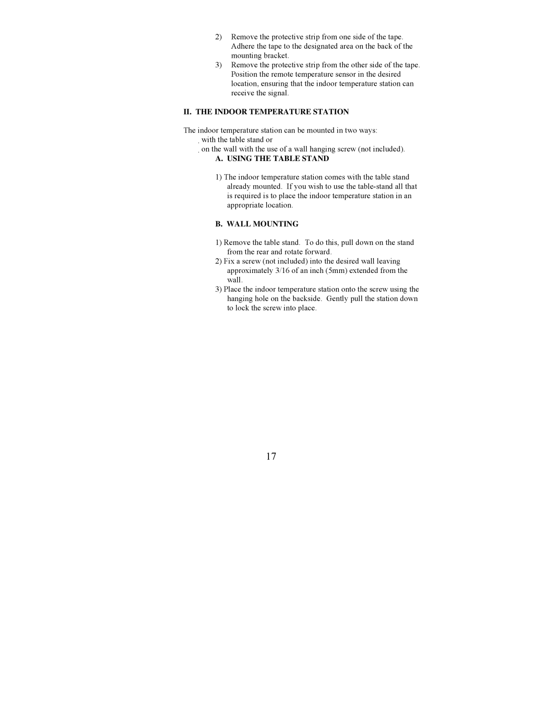 La Crosse Technology WS-9210U instruction manual II. the Indoor Temperature Station, Using the Table Stand, Wall Mounting 