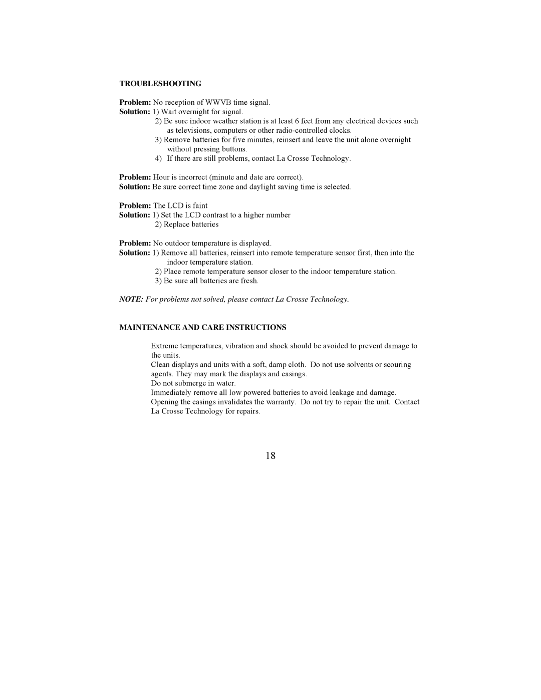 La Crosse Technology WS-9210U instruction manual Troubleshooting, Maintenance and Care Instructions 