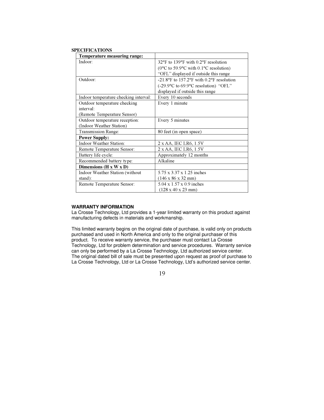 La Crosse Technology WS-9210U Specifications, Temperature measuring range, Power Supply, Dimensions H x W x D 