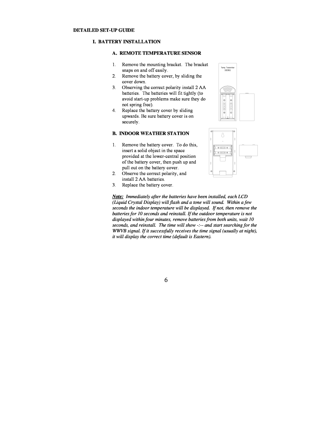 La Crosse Technology WS-9210U Detailed Set-Up Guide I. Battery Installation, A. Remote Temperature Sensor 