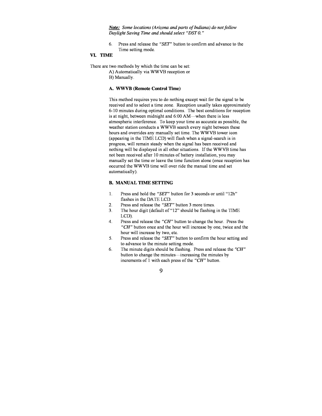 La Crosse Technology WS-9210U instruction manual Vi. Time, A. WWVB Remote Control Time, B. Manual Time Setting 