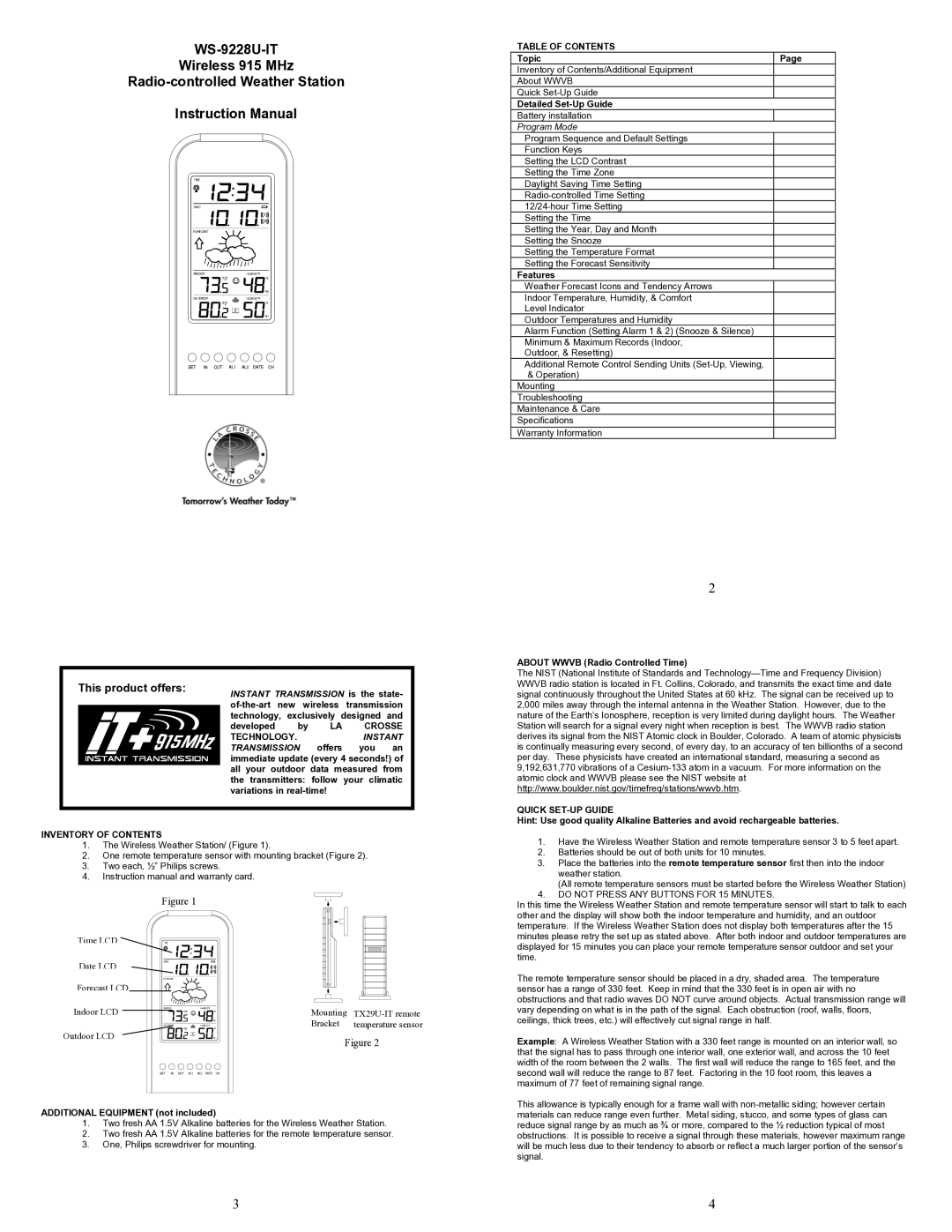 La Crosse Technology WS-9228U-IT instruction manual Inventory of Contents, Table of Contents, Quick SET-UP Guide 