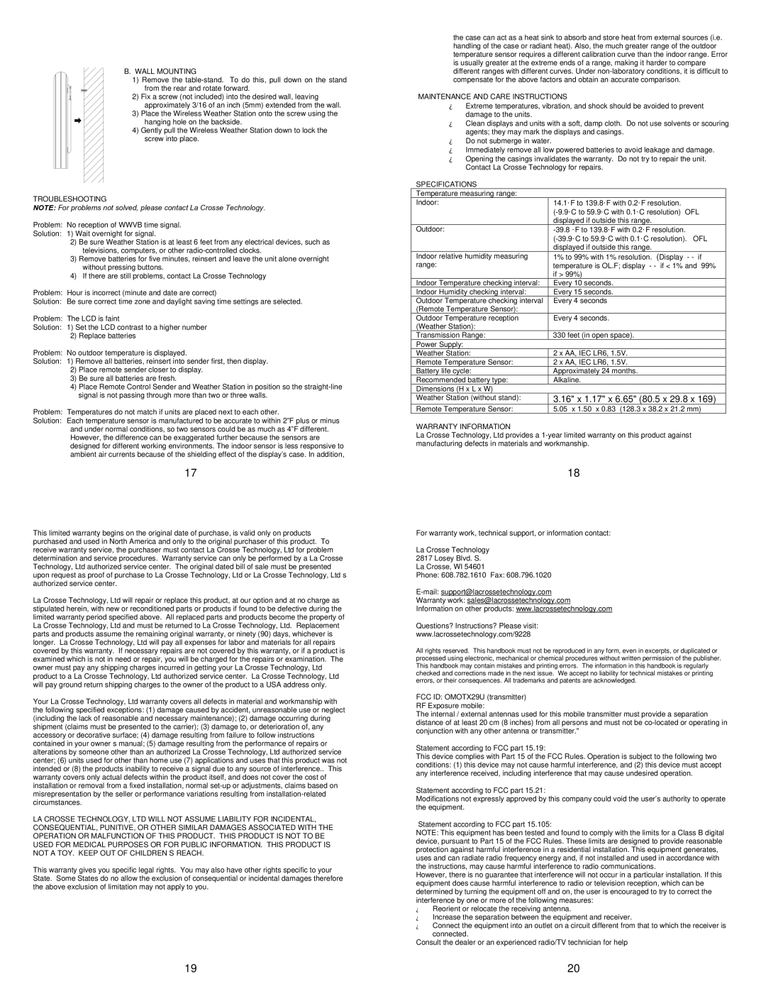 La Crosse Technology WS-9228U-IT Wall Mounting, Troubleshooting, Maintenance and Care Instructions, Specifications 