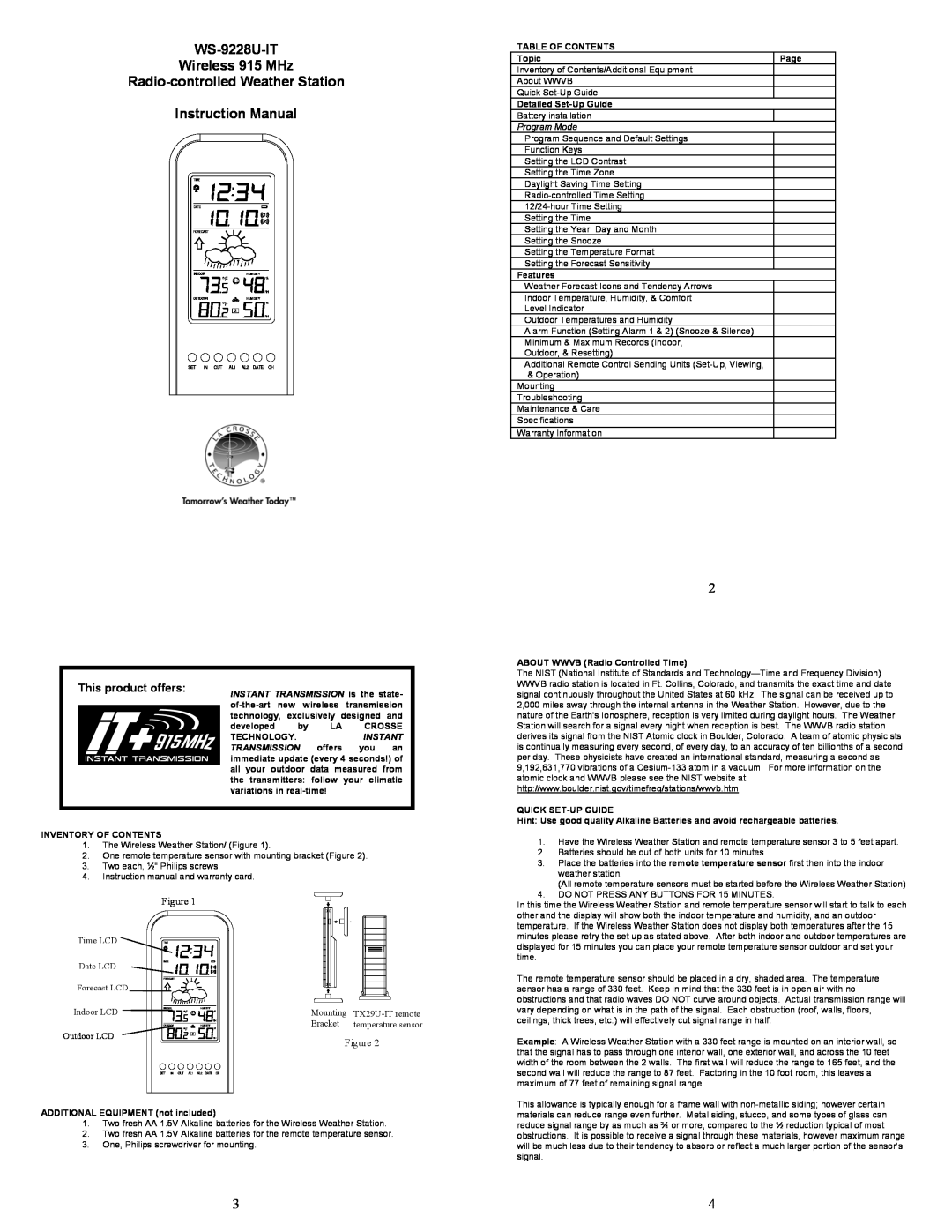 La Crosse Technology instruction manual Program Mode, WS-9228U-IT Wireless 915 MHz, Radio-controlledWeather Station 