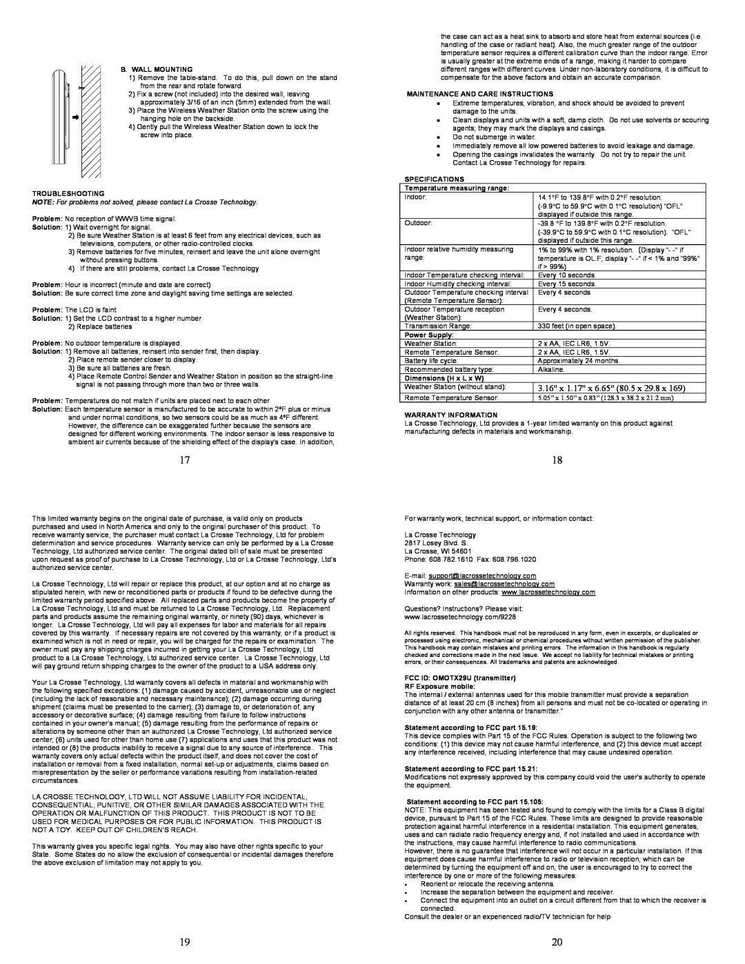 La Crosse Technology WS-9228U-IT instruction manual 3.16 x 1.17 x 6.65 80.5 x 29.8, B. Wall Mounting 