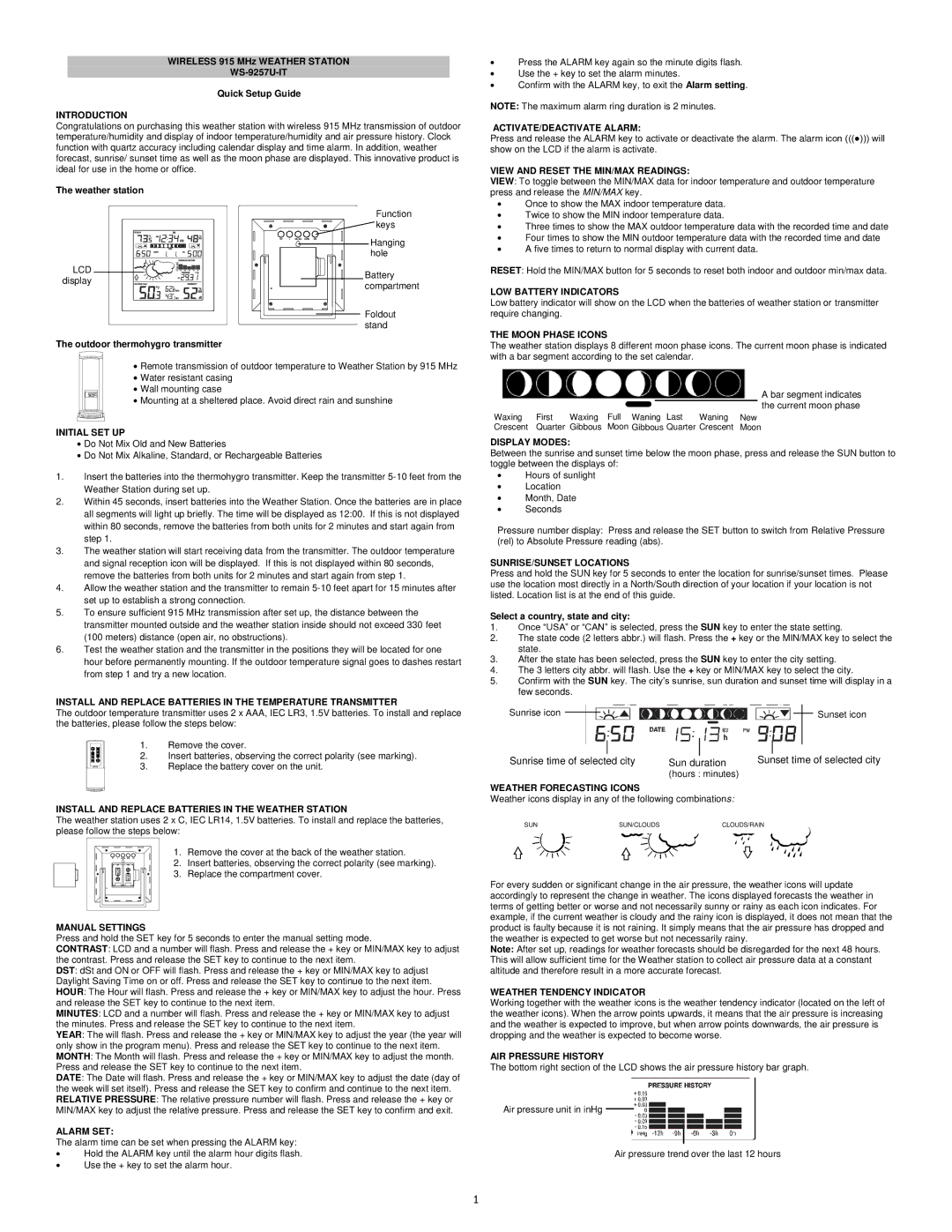 La Crosse Technology WS-9257U-IT setup guide Introduction, Initial SET UP, Manual Settings, Alarm SET, Moon Phase Icons 