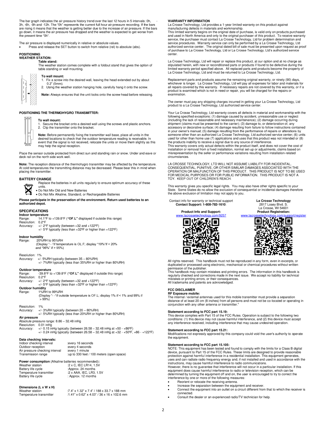 La Crosse Technology WS-9257U-IT Positioning Weather Station, Positioning the Thermohygro Transmitter, FCC Disclaimer 