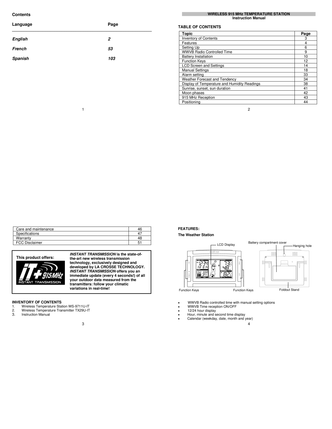 La Crosse Technology WS-9711U-IT instruction manual English French Spanish, Table of Contents 