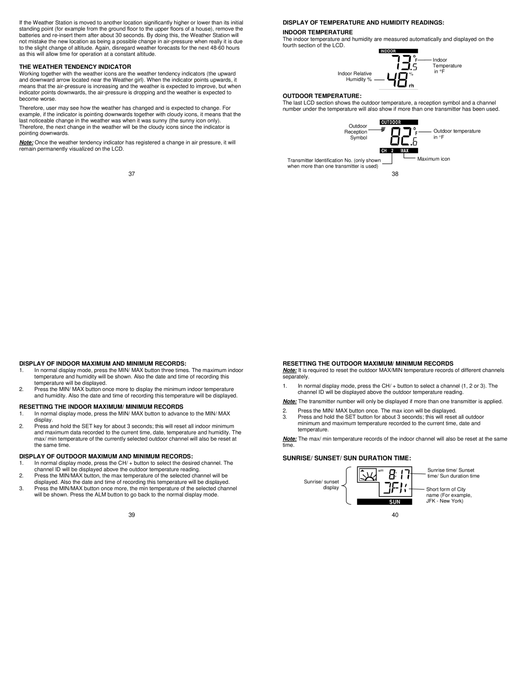 La Crosse Technology WS-9711U-IT instruction manual SUNRISE/ SUNSET/ SUN Duration Time 