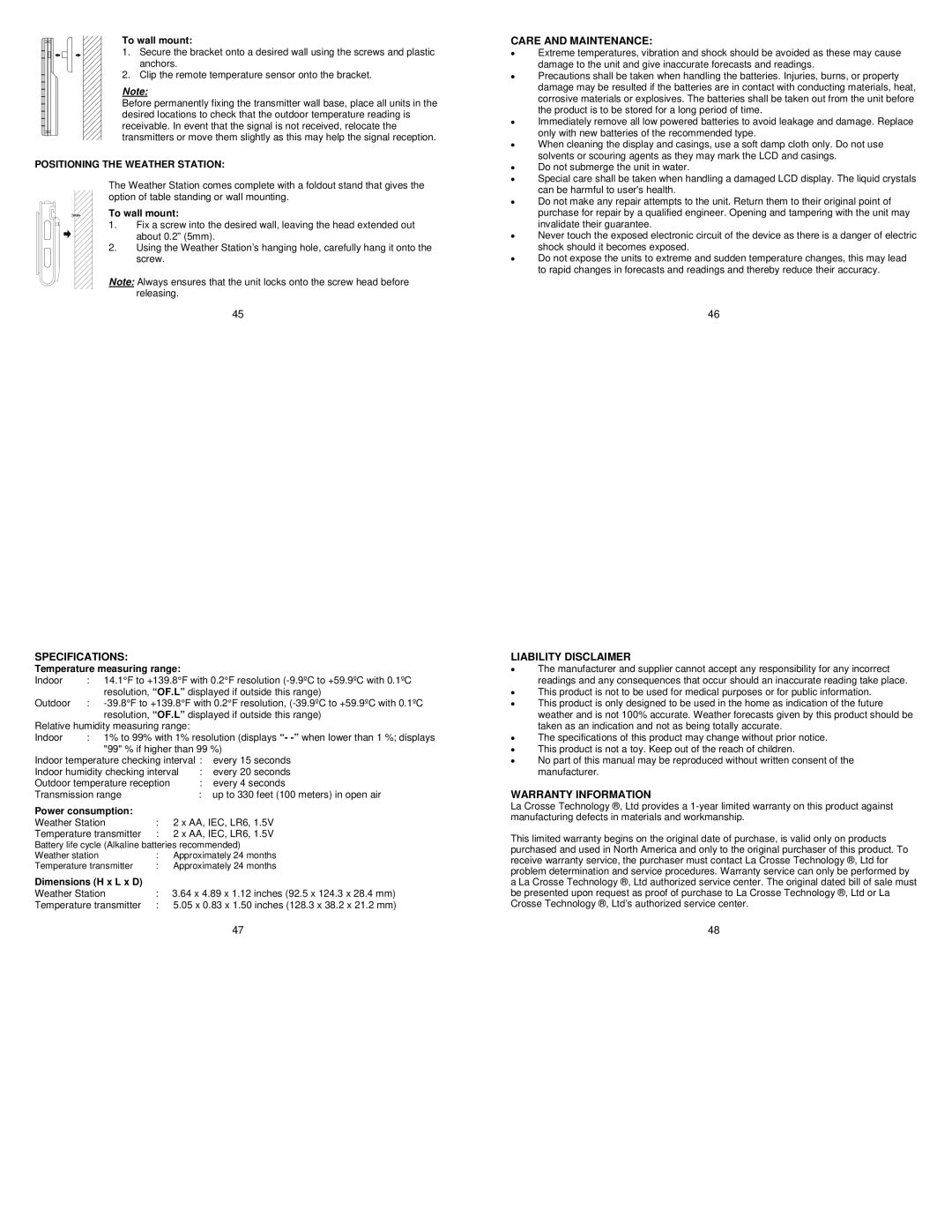 La Crosse Technology WS-9711U-IT Specifications, Care and Maintenance, Liability Disclaimer, Warranty Information 