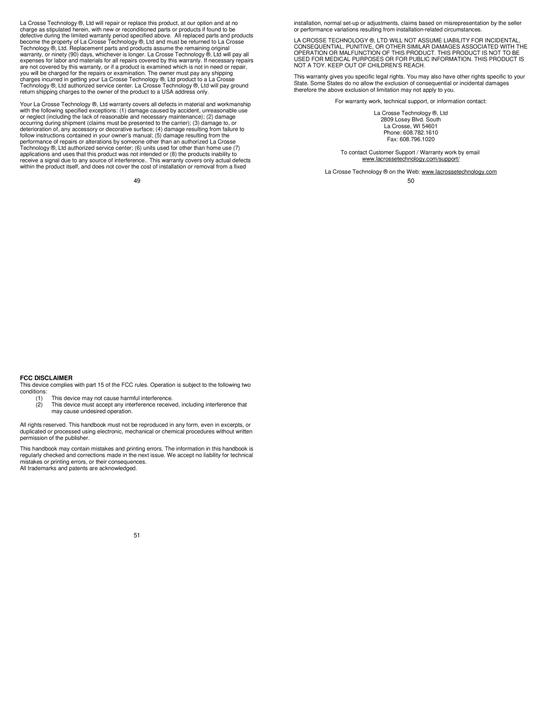 La Crosse Technology WS-9711U-IT instruction manual FCC Disclaimer 