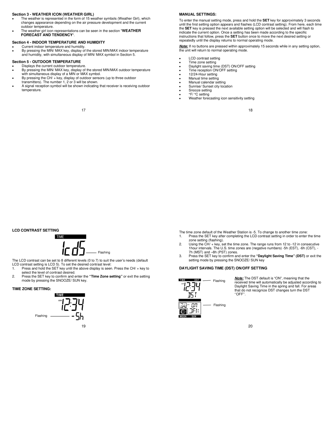 La Crosse Technology WS-9711U-IT instruction manual LCD Contrast Setting, Time Zone Setting, Manual Settings 