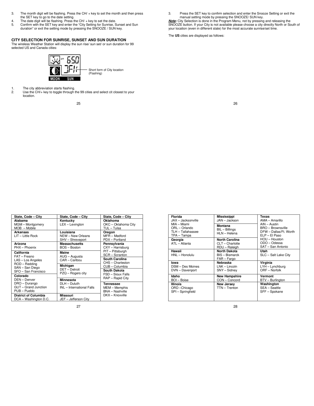 La Crosse Technology WS-9711U-IT instruction manual City Selection for SUNRISE, Sunset and SUN Duration 