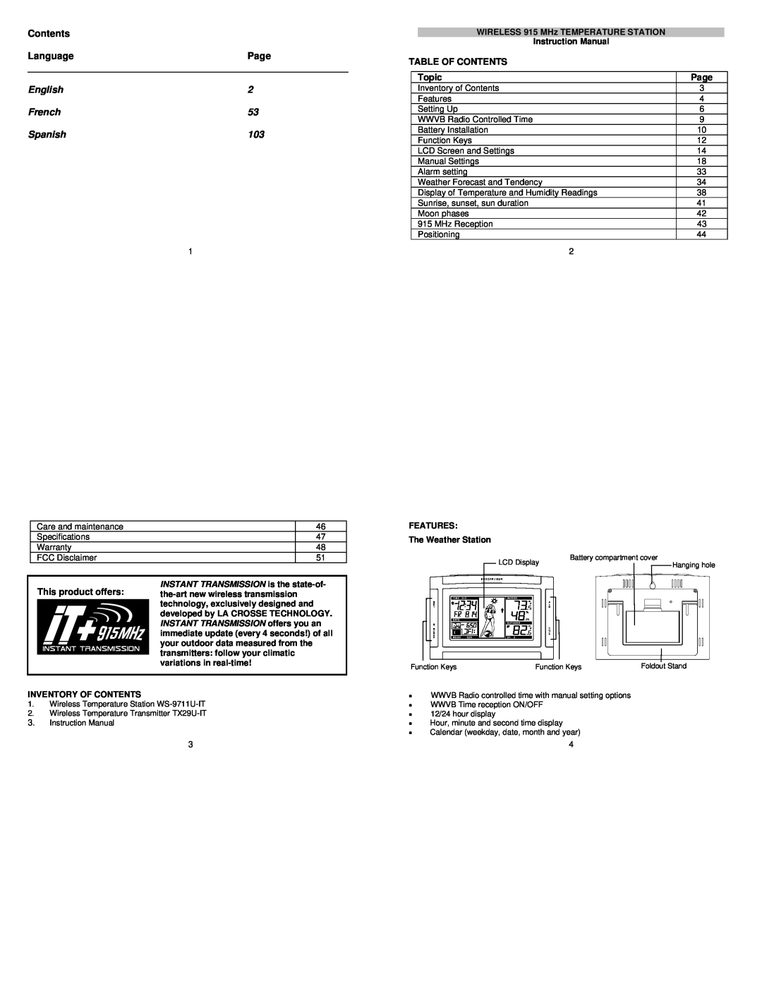 La Crosse Technology WS-9711U-IT instruction manual Language, Page, Table Of Contents, Topic, Inventory Of Contents 
