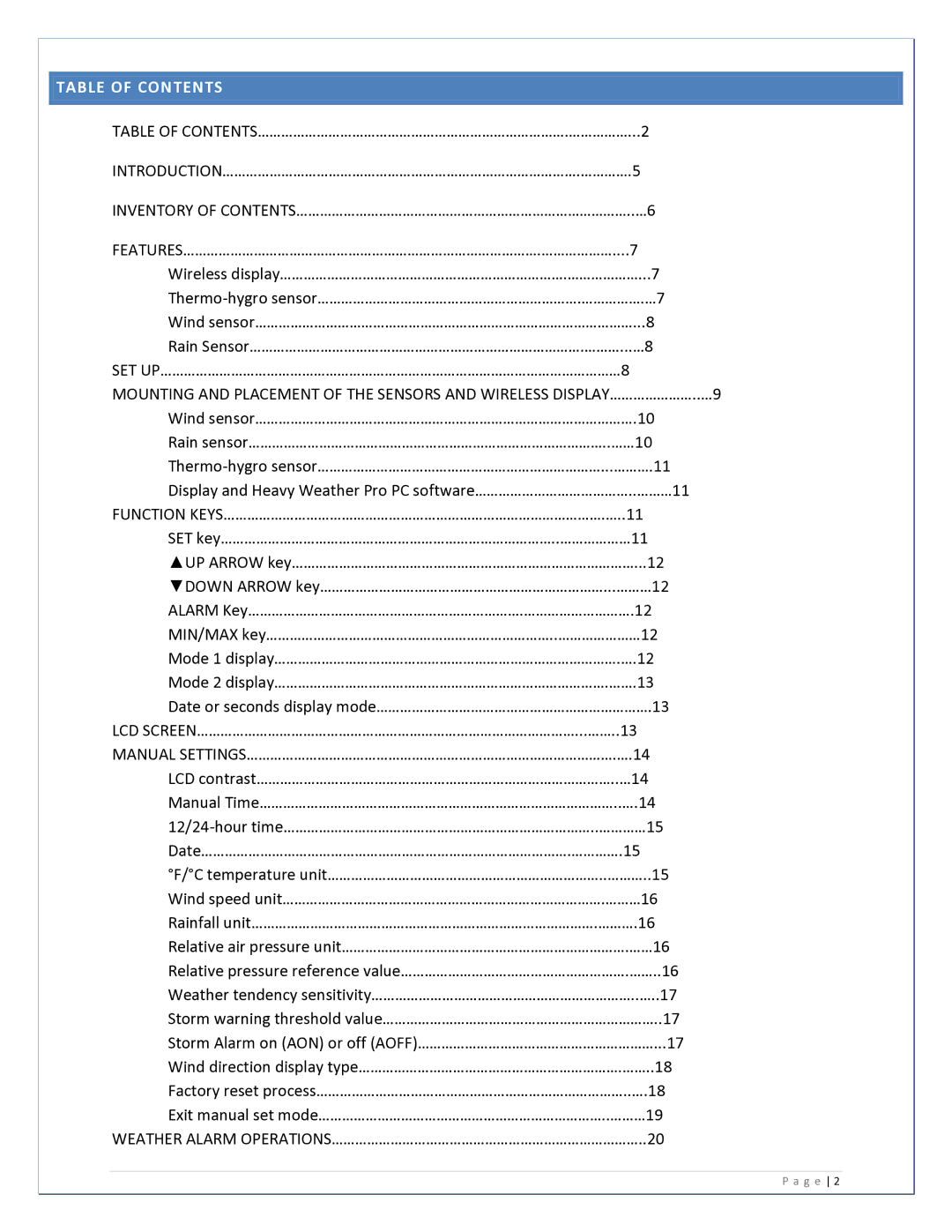 La Crosse Technology WS2813UIT manual Table of Contents 