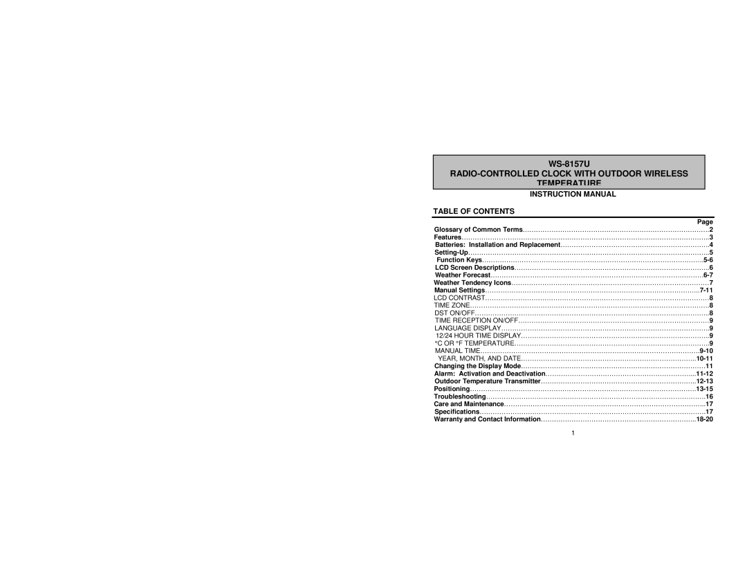 La Crosse Technology WS8157U instruction manual Table of Contents 