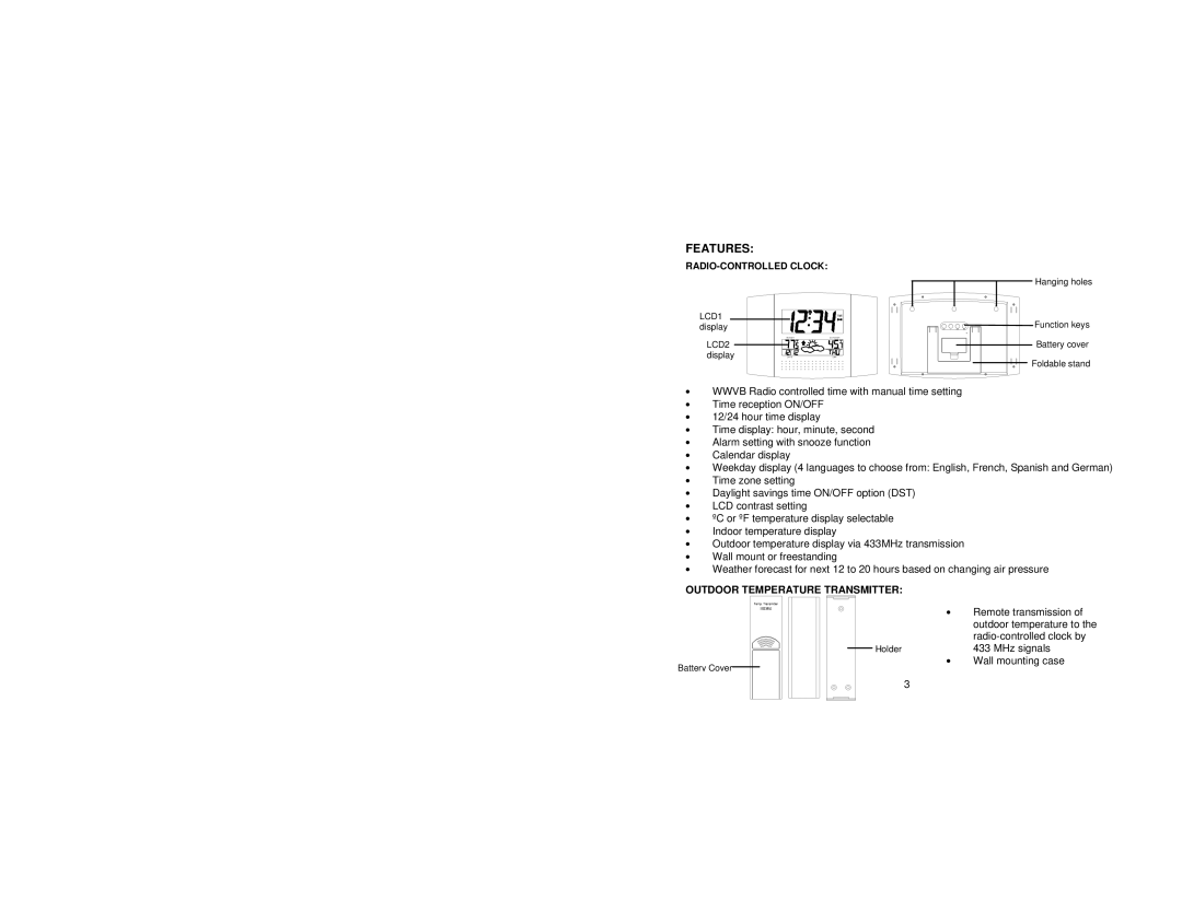 La Crosse Technology WS8157U instruction manual Features, RADIO-CONTROLLED Clock, Outdoor Temperature Transmitter 