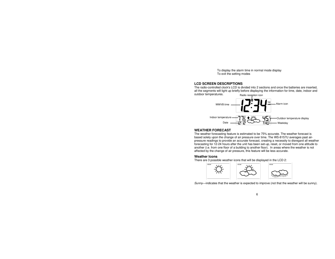 La Crosse Technology WS8157U instruction manual LCD Screen Descriptions, Weather Forecast, Weather Icons 