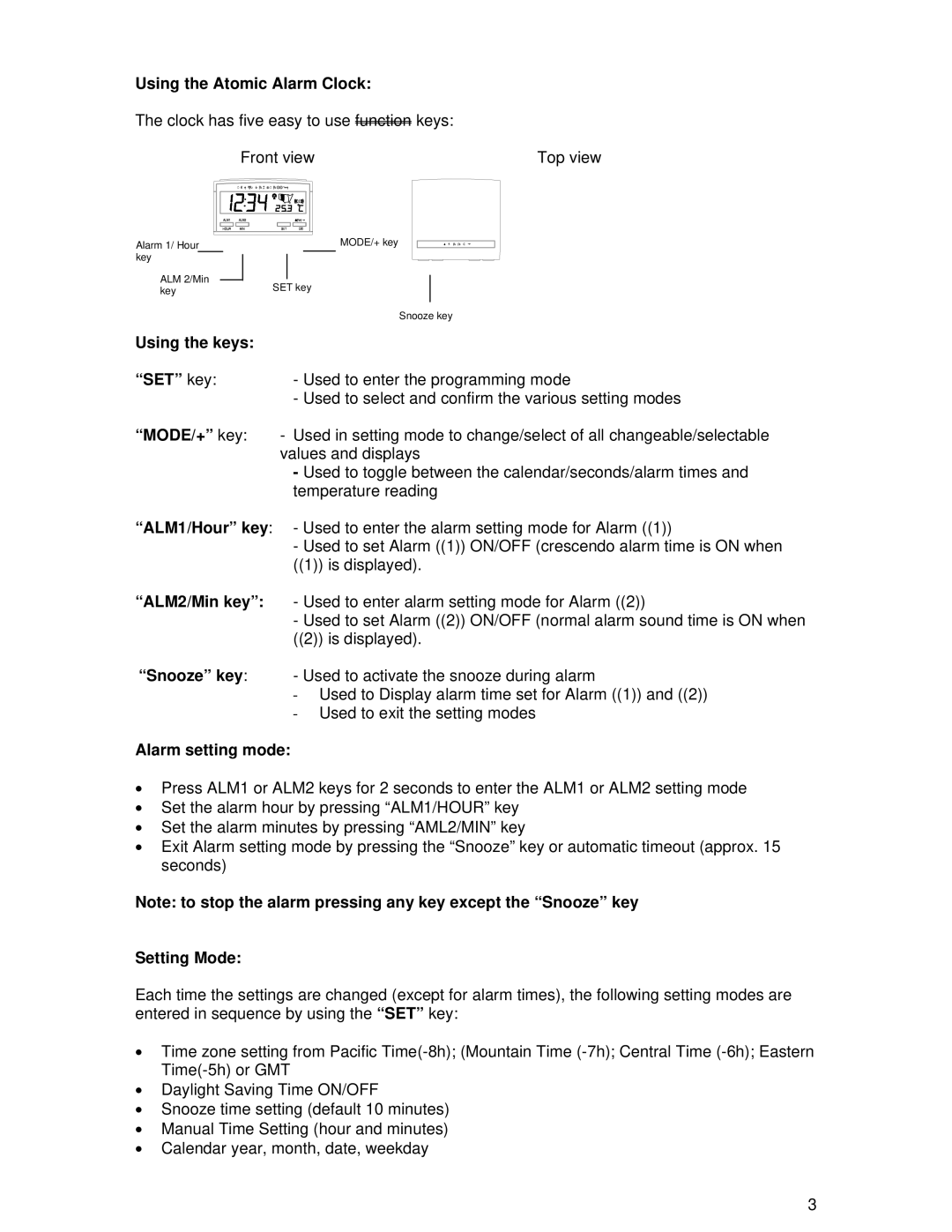 La Crosse Technology WT-2100 Using the Atomic Alarm Clock, Using the keys SET key, MODE/+ key, Alarm setting mode 