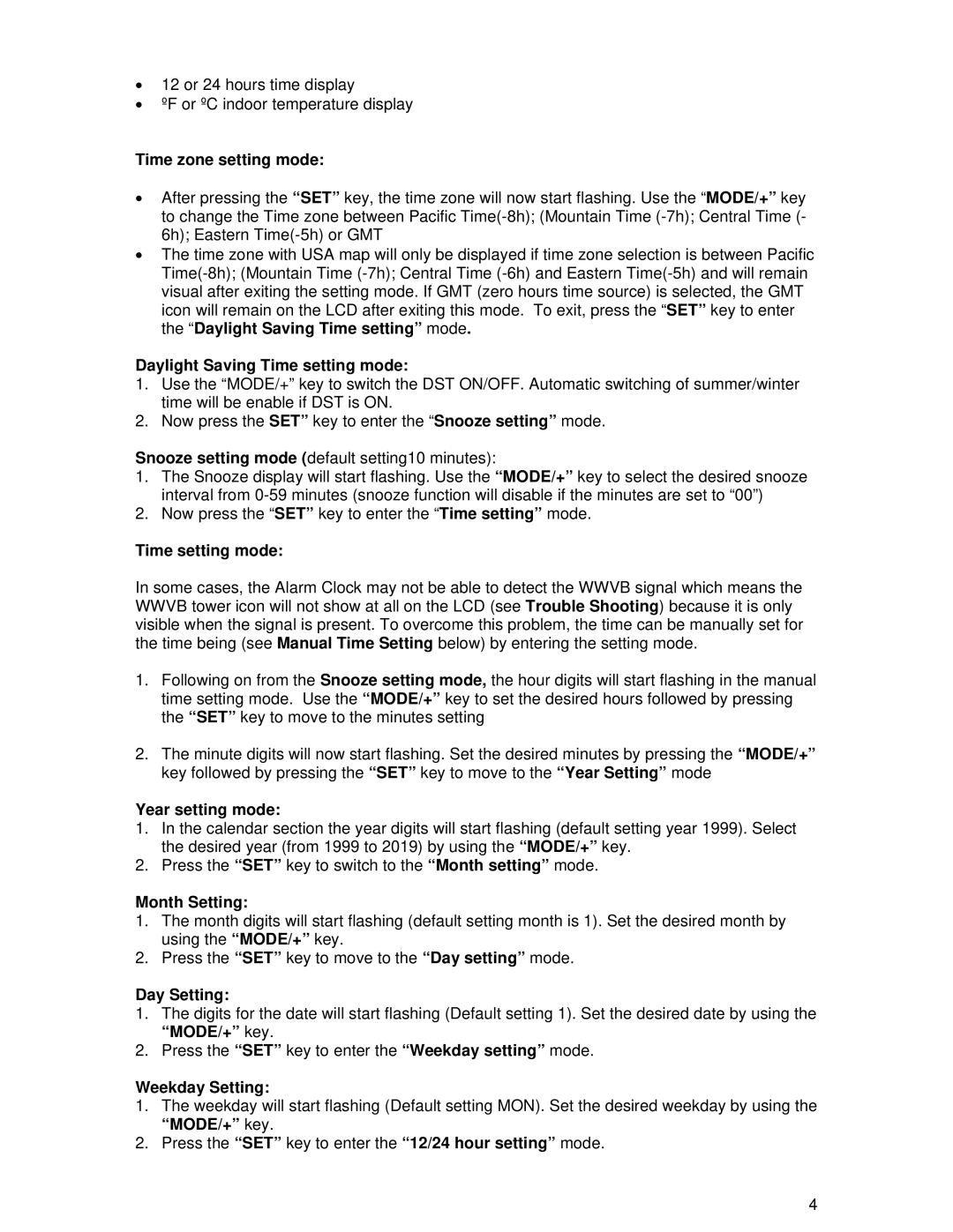 La Crosse Technology WT-2100 Time zone setting mode, Daylight Saving Time setting mode, Year setting mode, Month Setting 