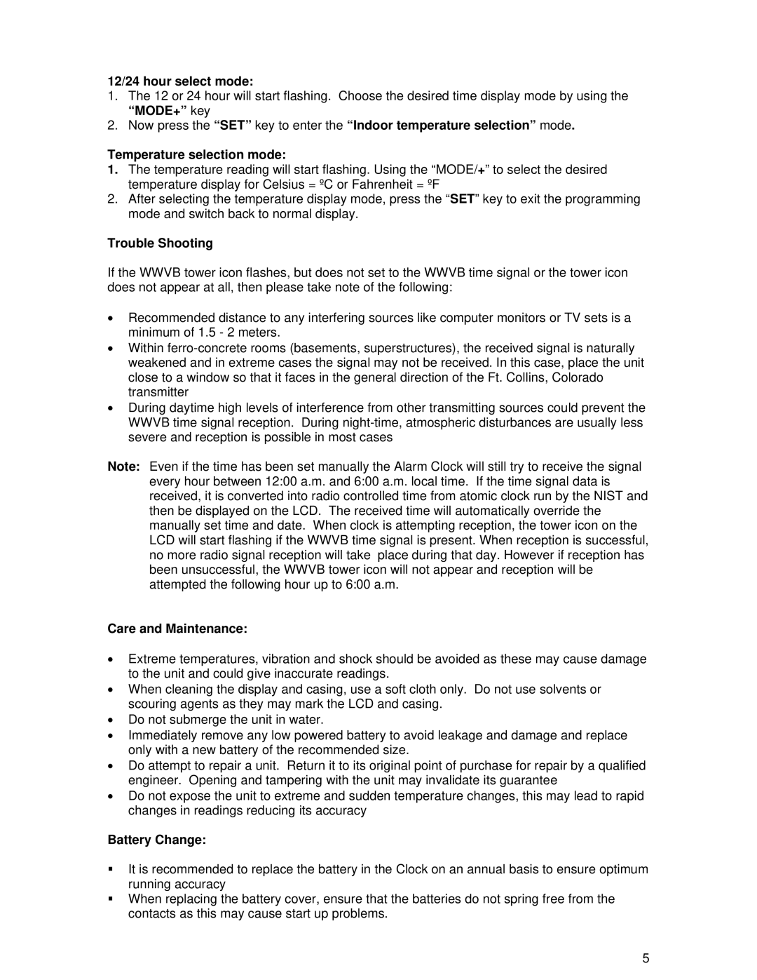 La Crosse Technology WT-2100 12/24 hour select mode, Trouble Shooting, Care and Maintenance, Battery Change 