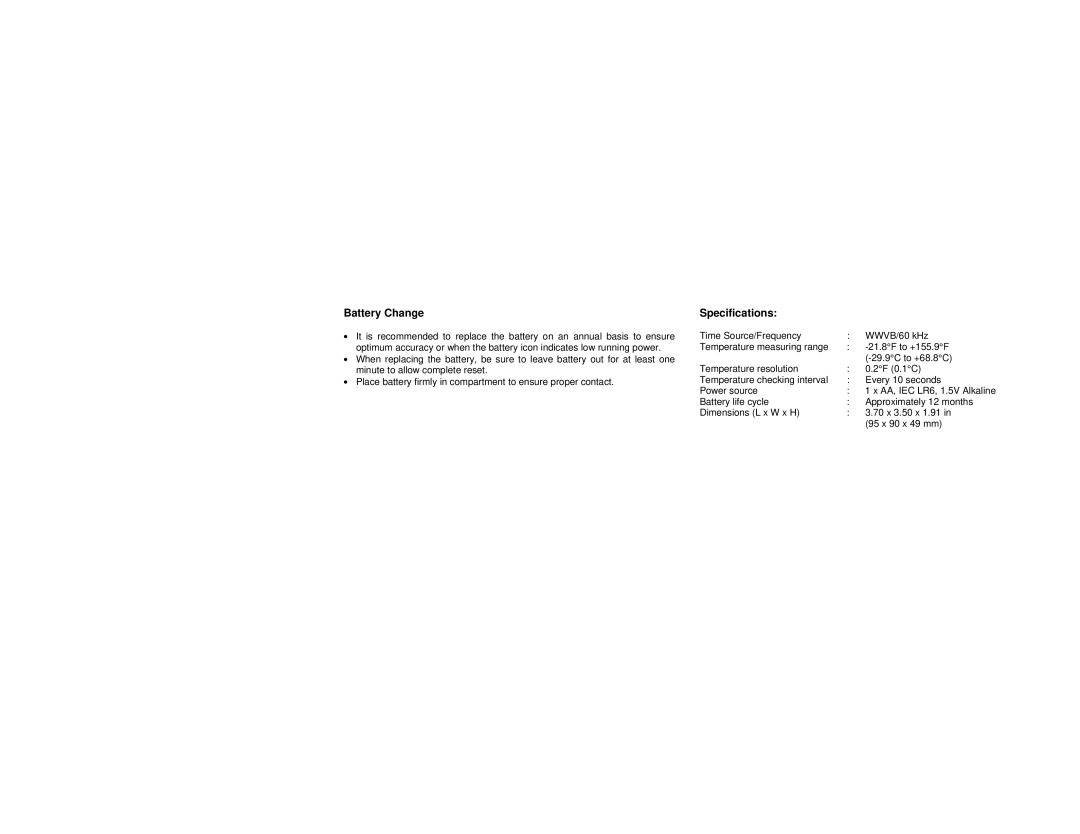 La Crosse Technology WT-2150A instruction manual Battery Change, Specifications 