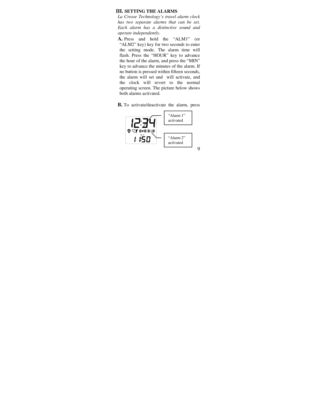 La Crosse Technology WT-2160 instruction manual III. Setting the Alarms 