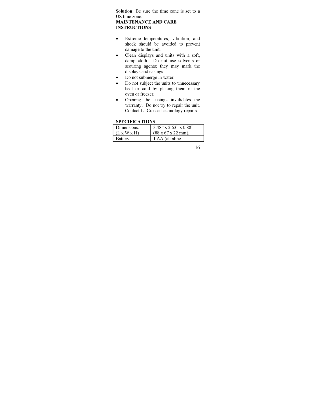 La Crosse Technology WT-2165 instruction manual Maintenance and Care Instructions, Specifications 