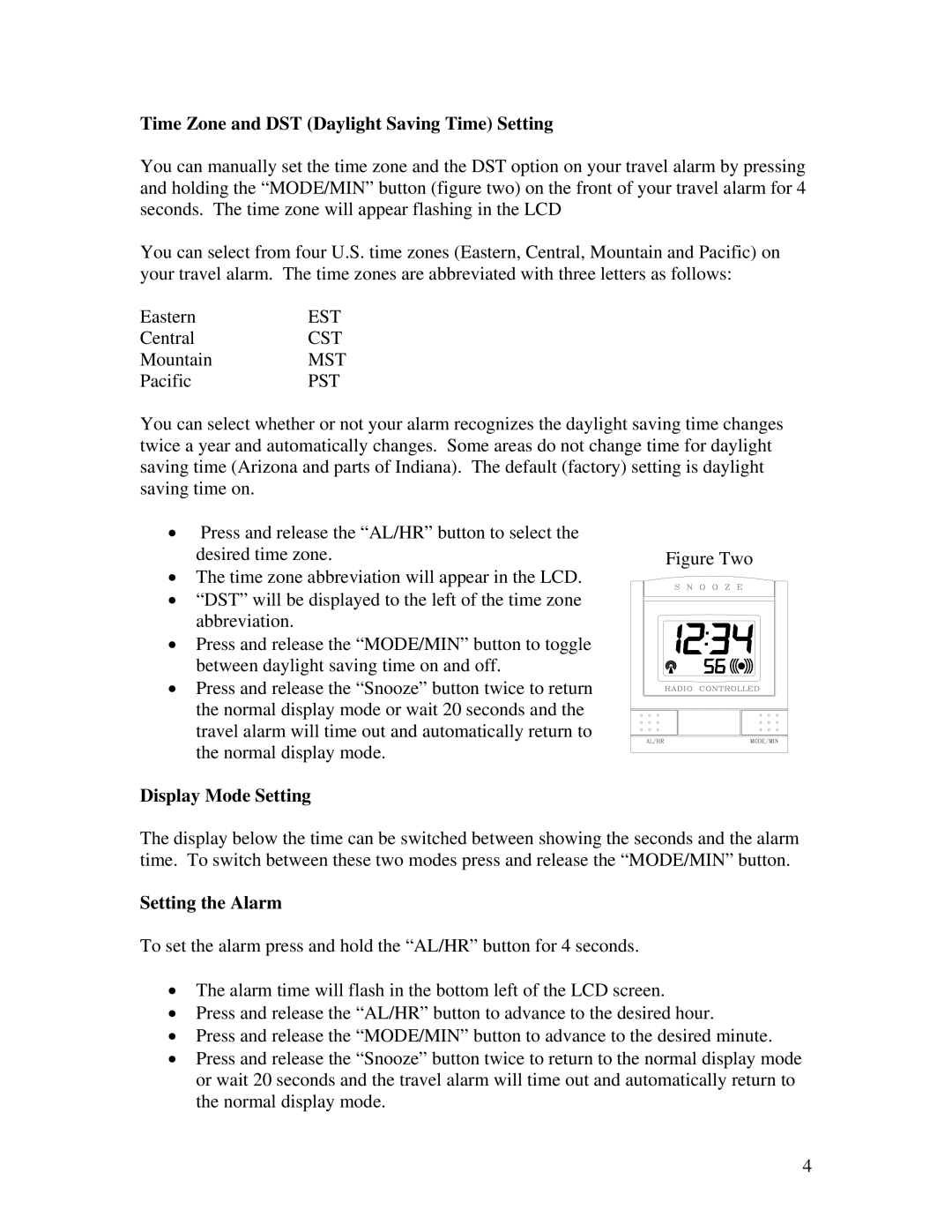 La Crosse Technology WT-2171 manual Time Zone and DST Daylight Saving Time Setting, Display Mode Setting, Setting the Alarm 