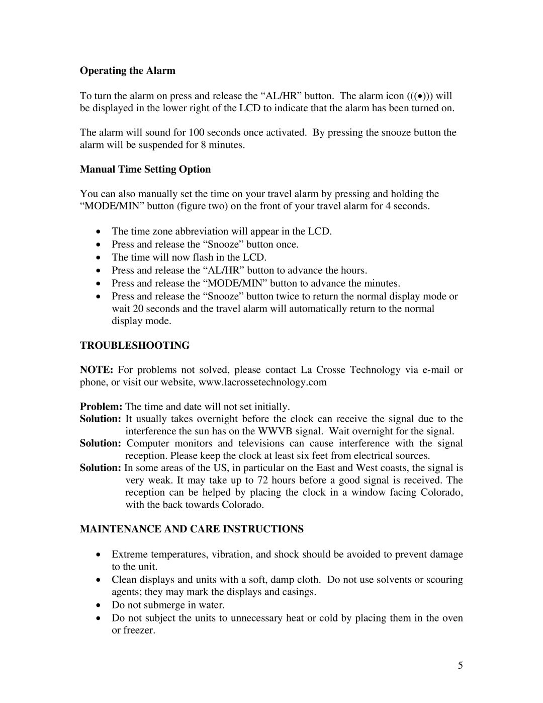 La Crosse Technology WT-2171 manual Operating the Alarm, Manual Time Setting Option, Troubleshooting 