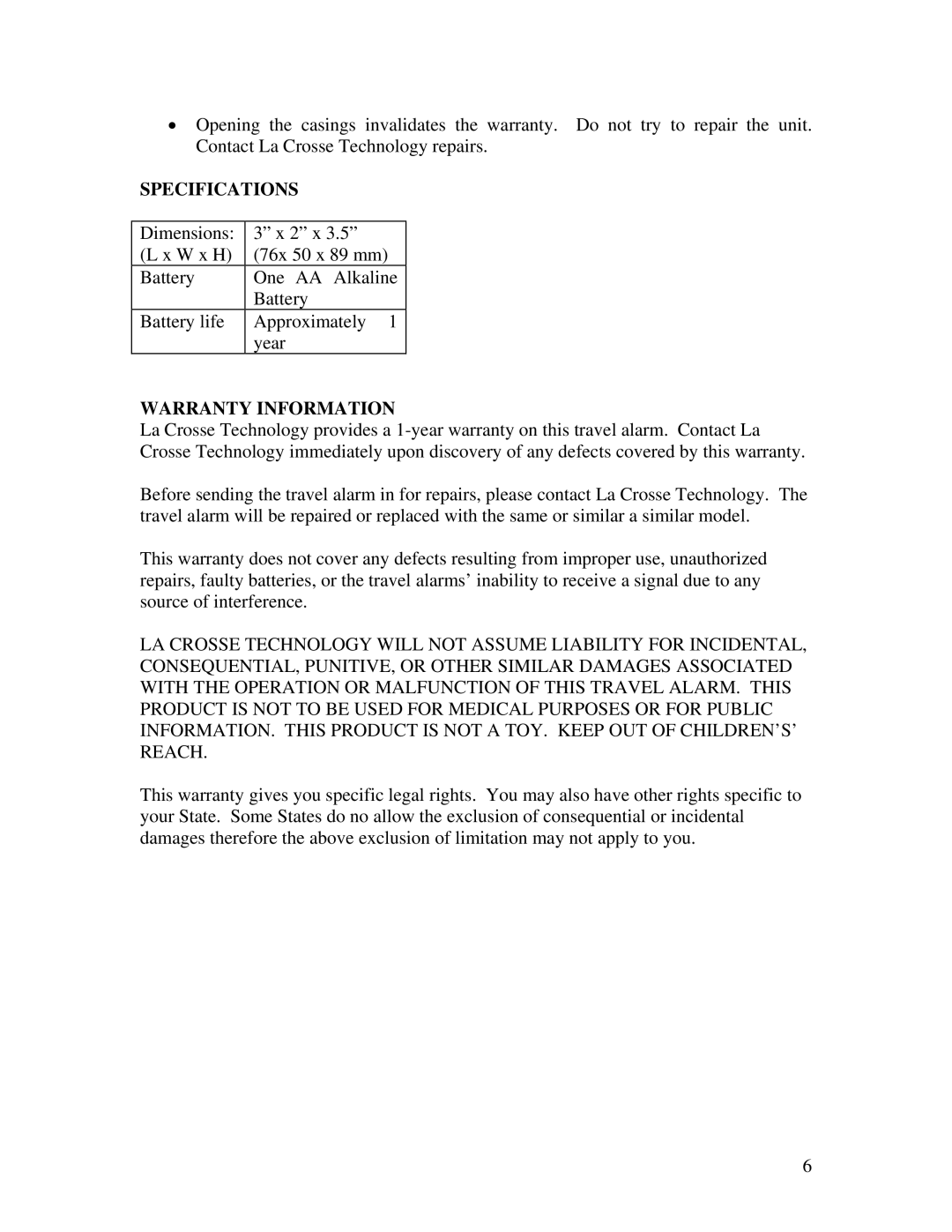 La Crosse Technology WT-2171 manual Specifications, Warranty Information 