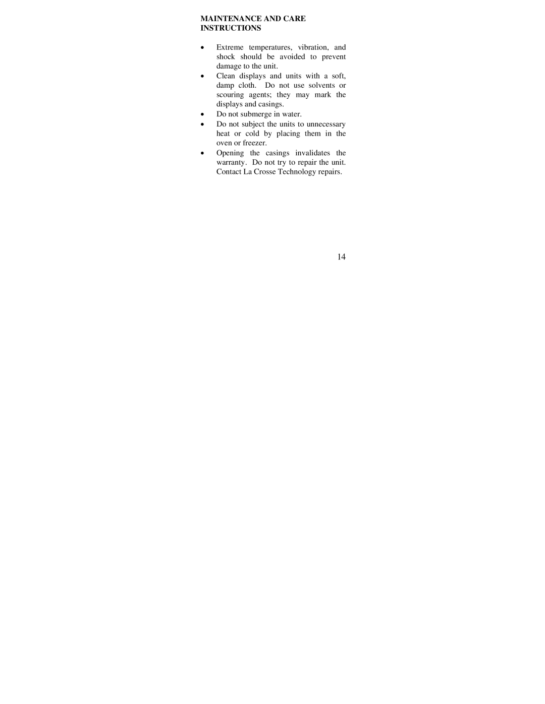 La Crosse Technology WT-2191A instruction manual Maintenance and Care Instructions 