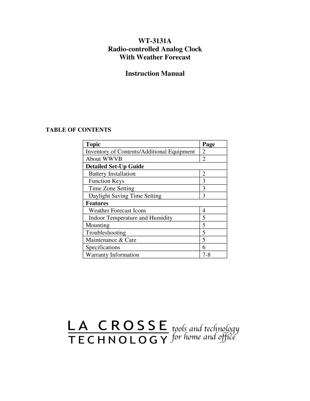 La Crosse Technology WT-3131A instruction manual Table of Contents 