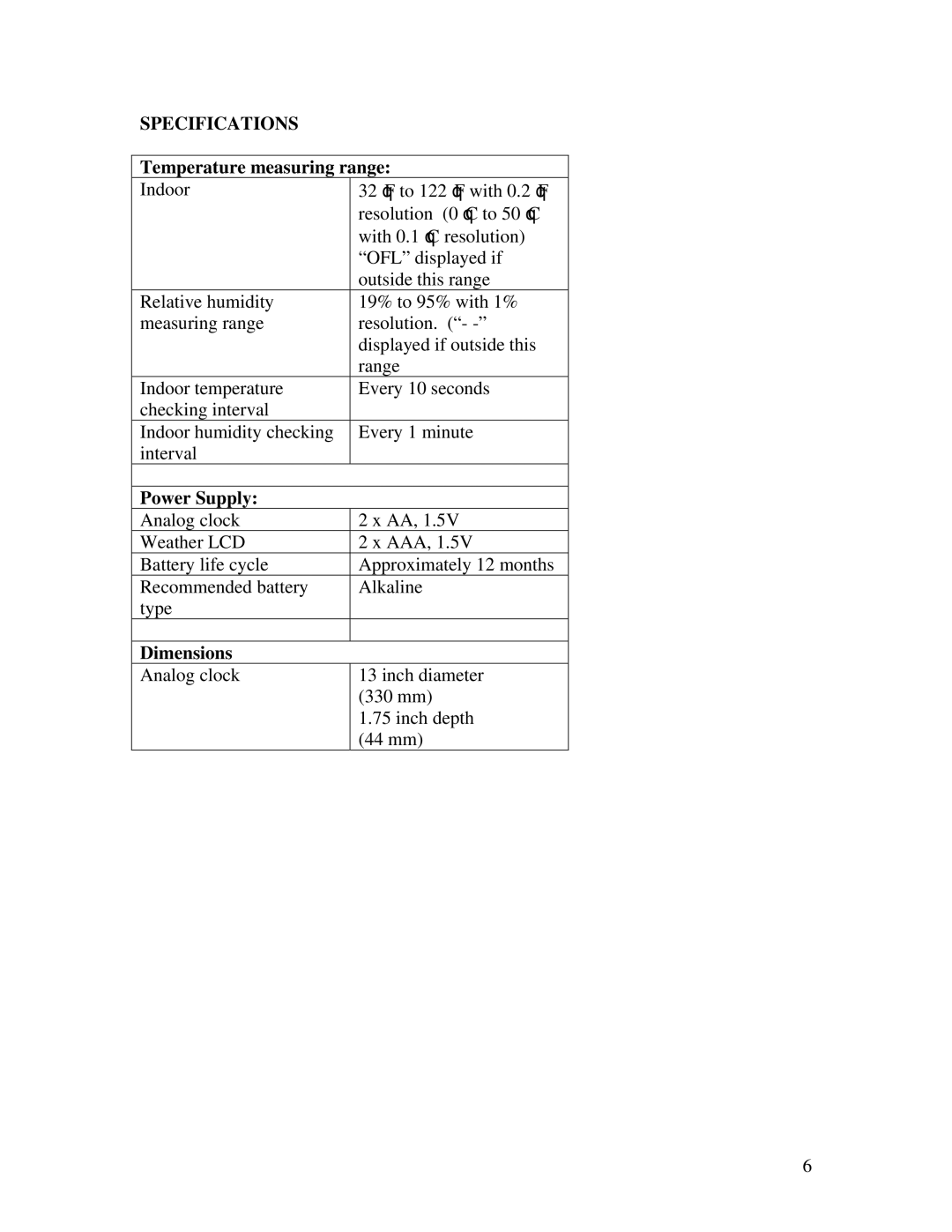 La Crosse Technology WT-3131A instruction manual Specifications, Temperature measuring range 