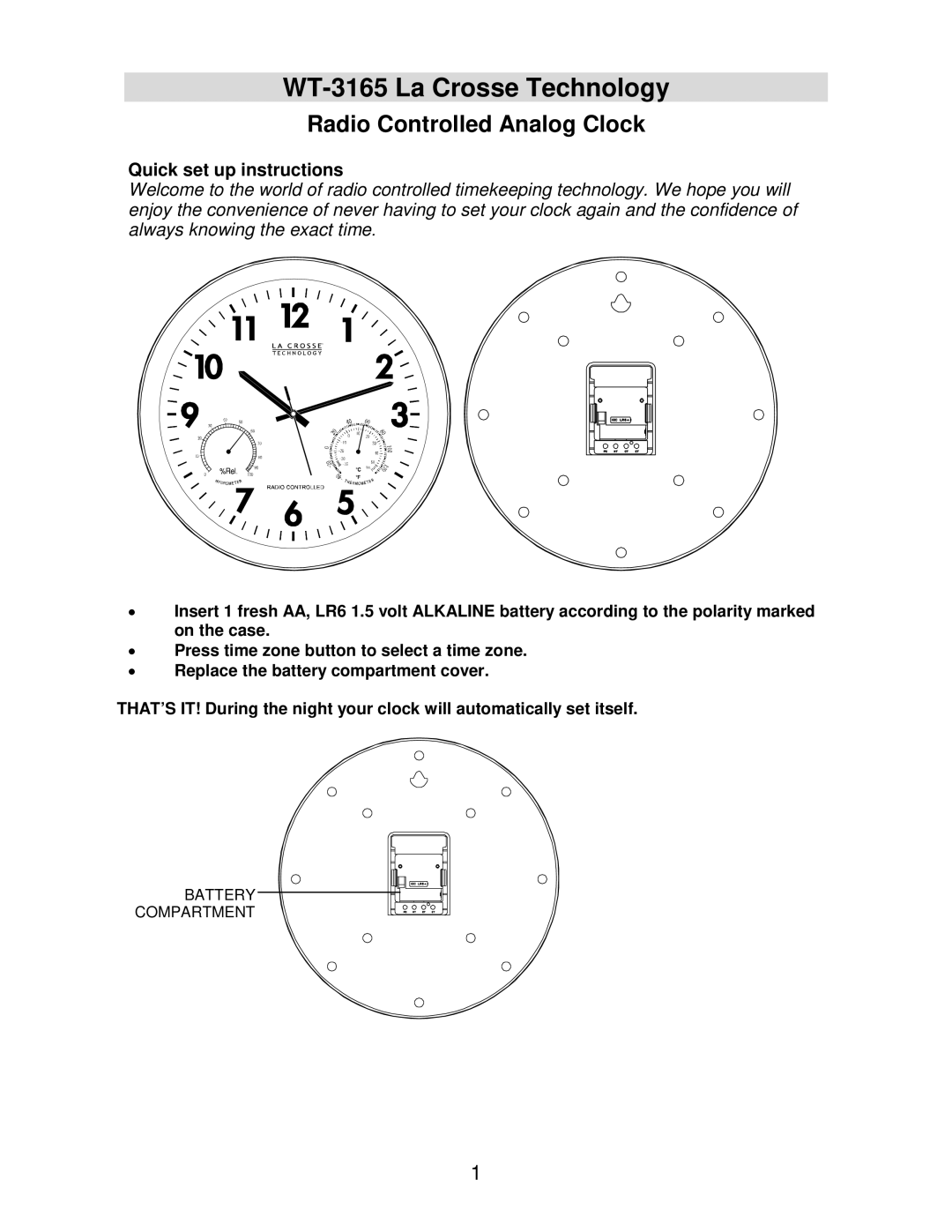 La Crosse Technology manual WT-3165 La Crosse Technology, Quick set up instructions 